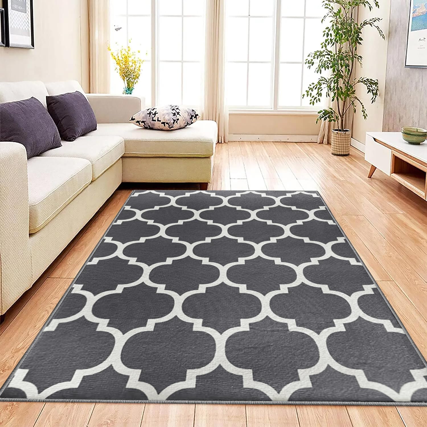 Aspire Homeware Rugs living room Bedside Rug 80 x 150 cm – Non-Shedding Floor Playing Mats for bedroom Lounge – Super Soft Trellis Style Printed Grey Rugs (Ava Grey)