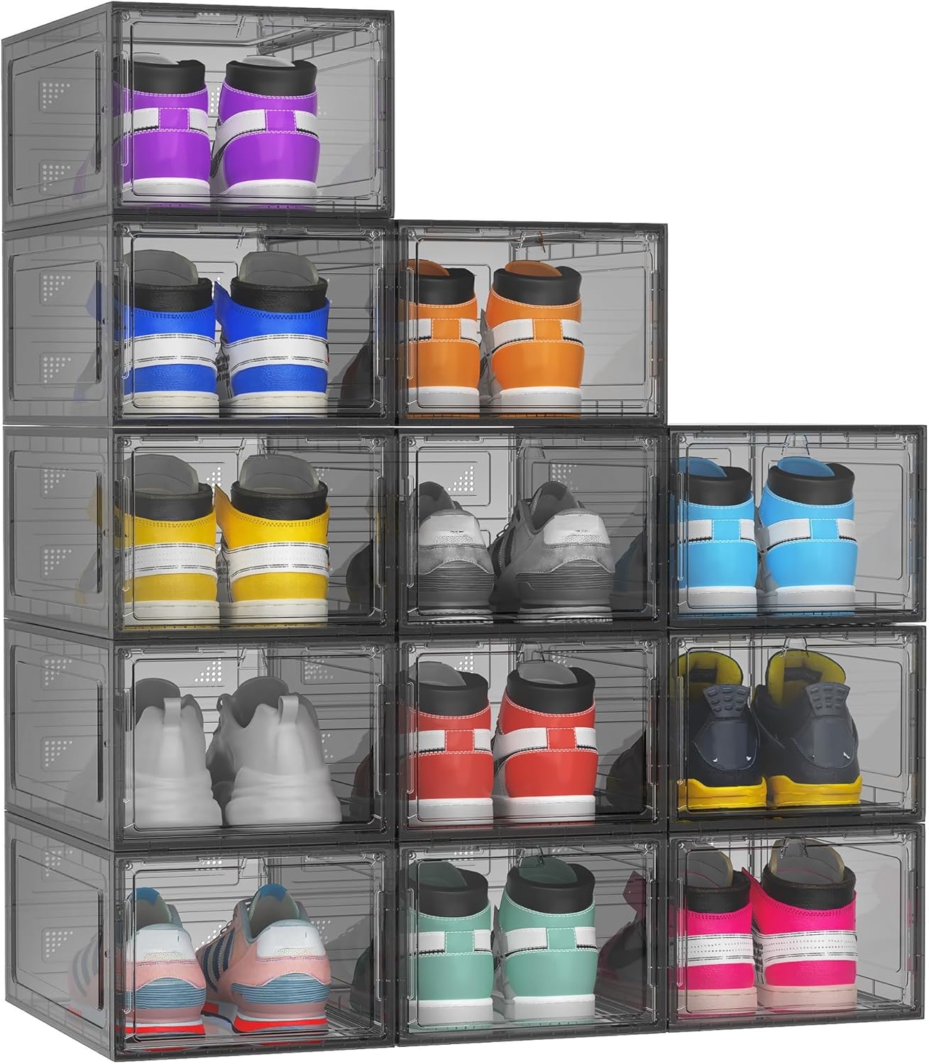 12-pack hard acrylic shoe storage boxes with lids, clear, grey