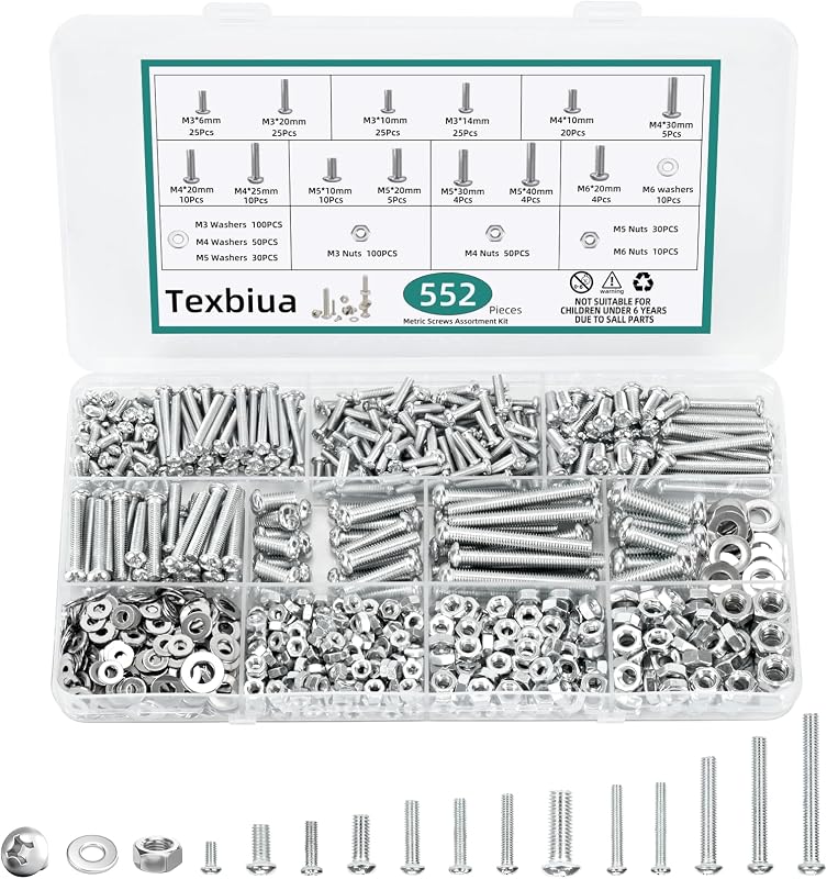 552 Pcs Metric Screws Nuts and Bolts Assortment Kit, M3 M4 M5 M6 Set Screws | 13 Sizes Machine Screws with Flat Washers for Machinery, Furniture, Automotive & DIY Repairs