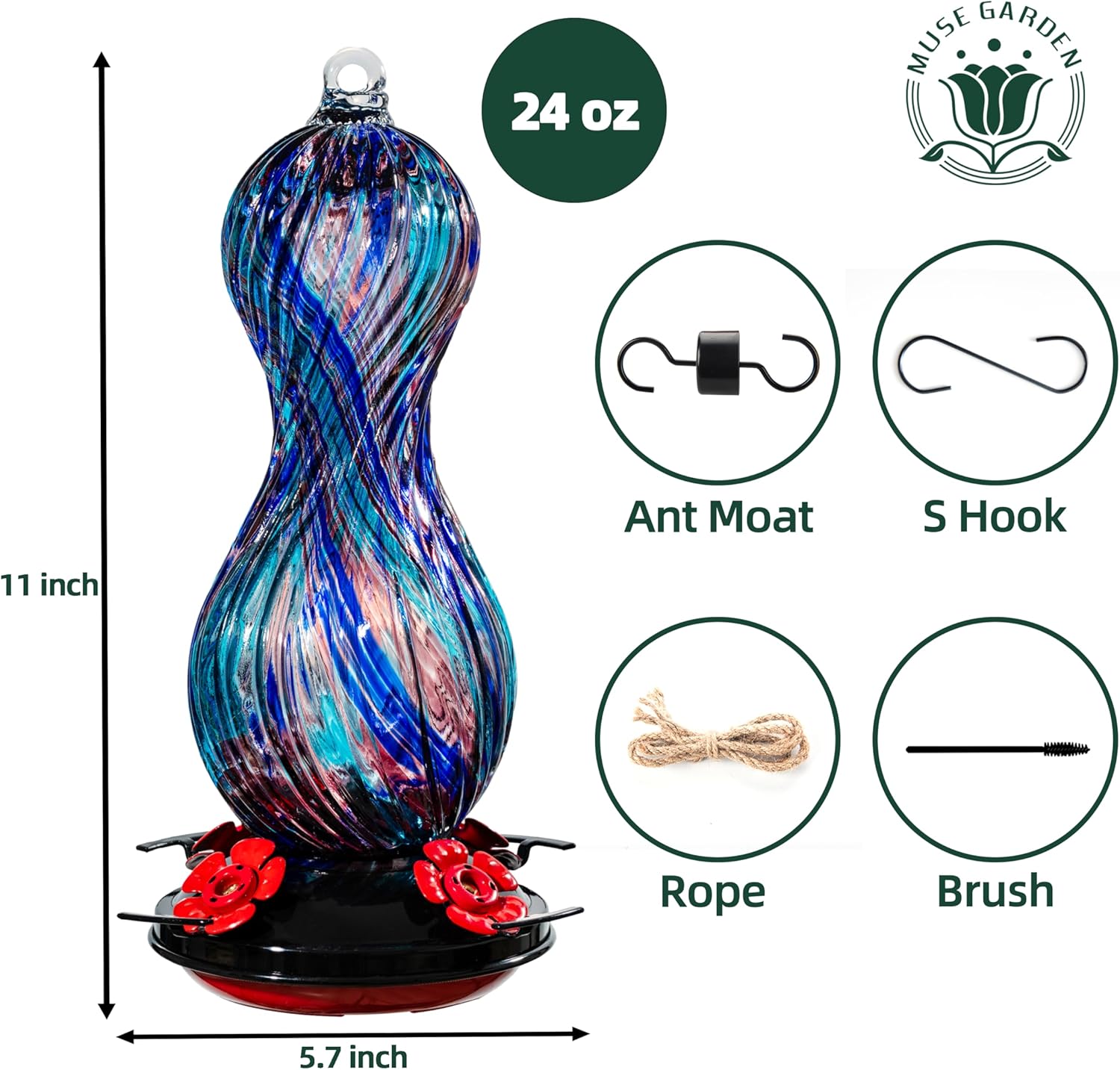 Hummingbird Feeder for Outdoors Hanging, Hand Blown Glass 24 OZ Capacity Hummingbird Bird Nectar Feeders with 4 Feeding Ports, Gifts for Women Mom Outside Garden Backyard Decor - Image 3