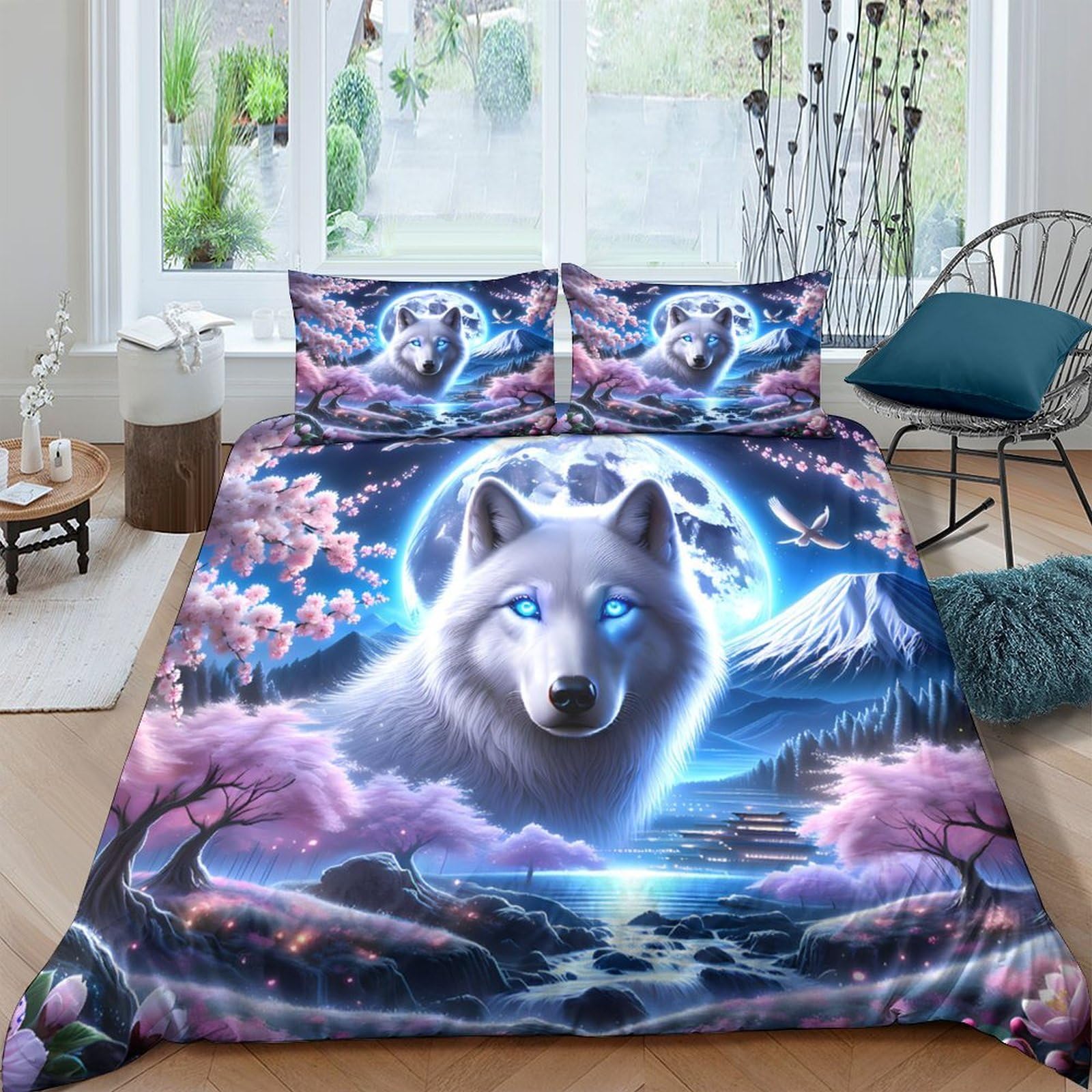 Ctjqhvkz Style-4 3D Printed Wolf Moon Fitted Sheet Microfiber Soft Blue Sakura Mountain Bed Cover For Bedroom Guest Room Decor Single（135X200cm）