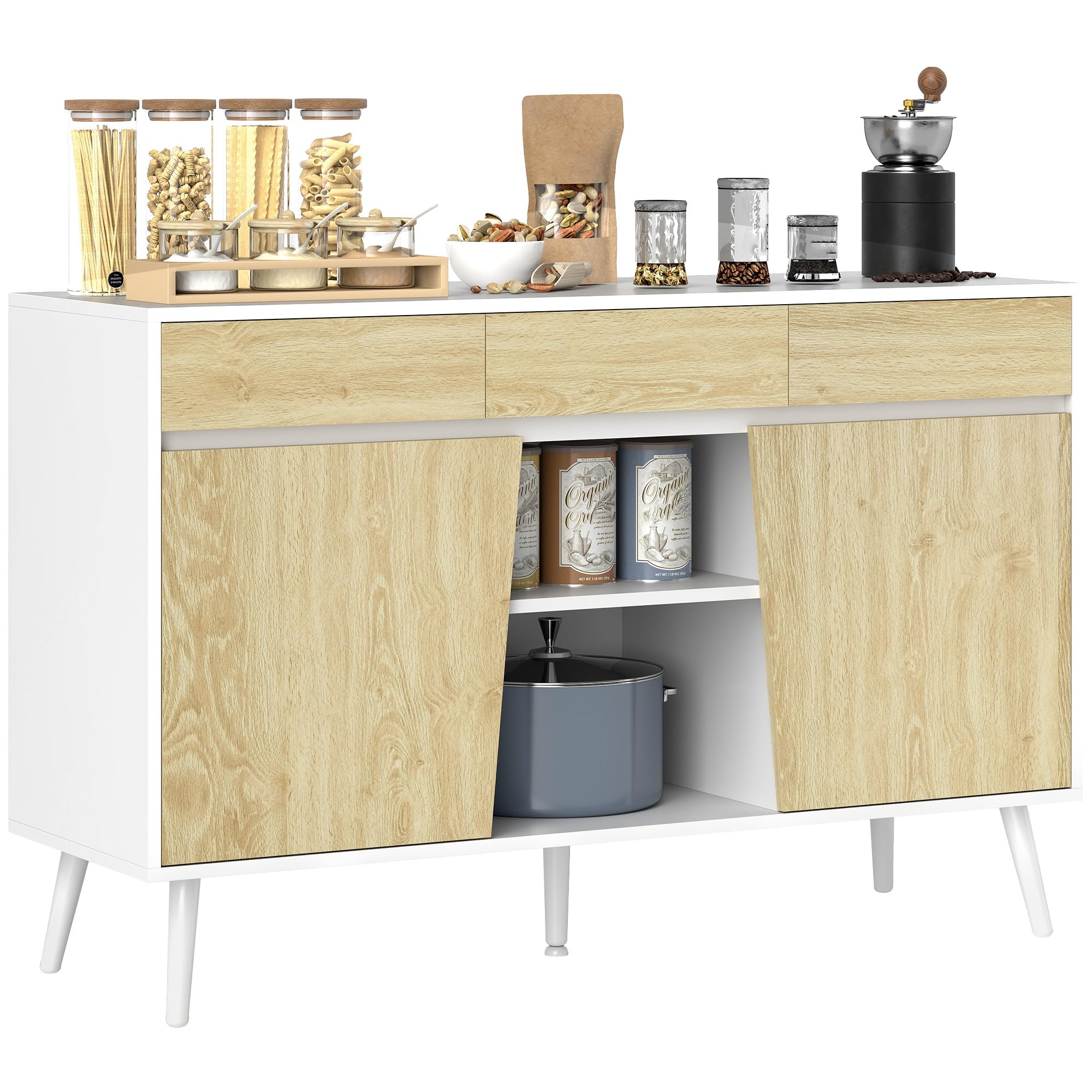 HOMCOM Aparador de 2 Puertas con 3 Cajones 120x39x77 cm Blanco y Natural | Aparador de Salón, Estantes, Mueble para TV, para Dormitorio, Sala de Estar