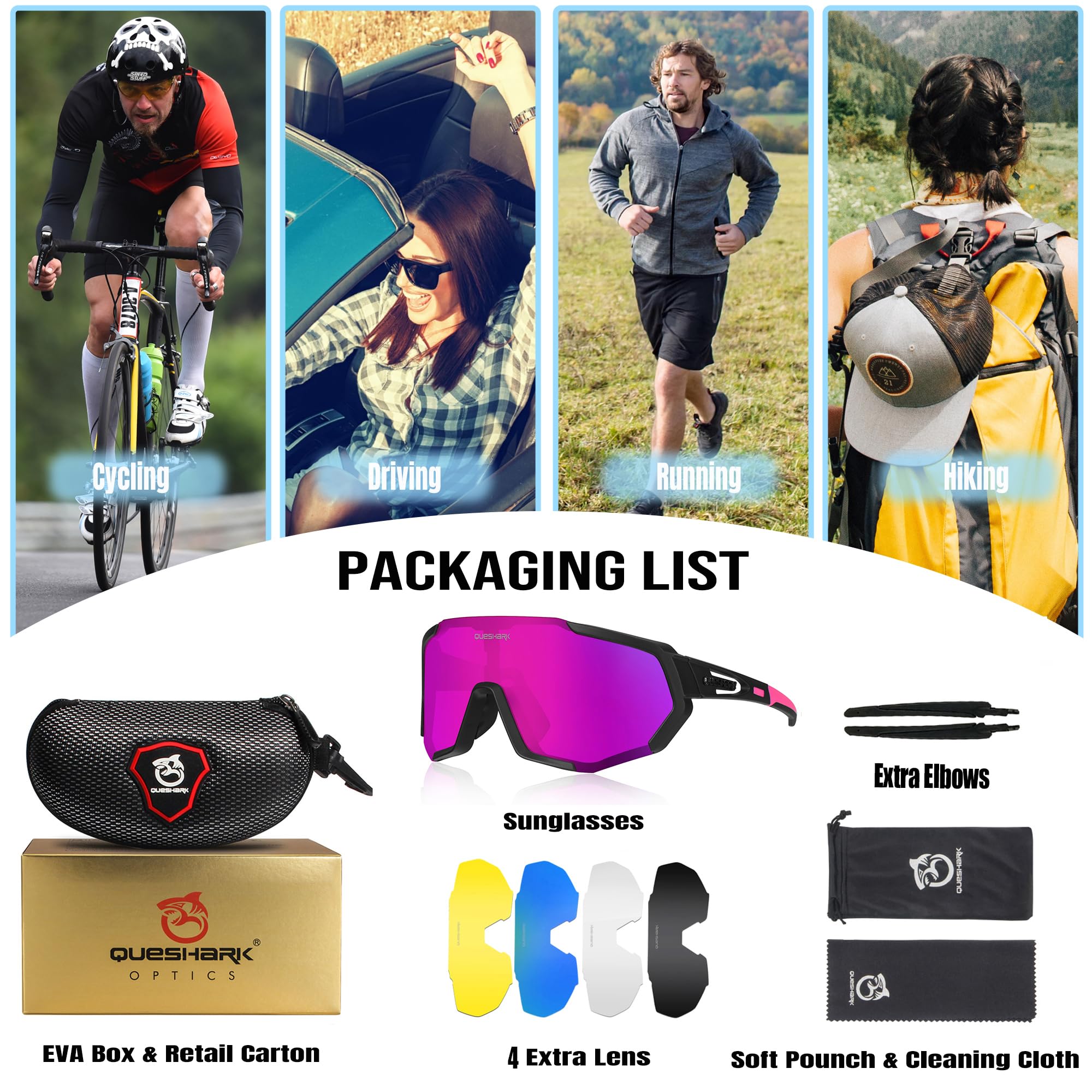 Queshark Occhiali Ciclismo Polarizzati con 5 Lenti Intercambiabili Occhiali Bici Antivento e Antiappannamento Occhiali Sportivi da Sole Anti UV da Uomo Donna per Corsa, MTB e Running