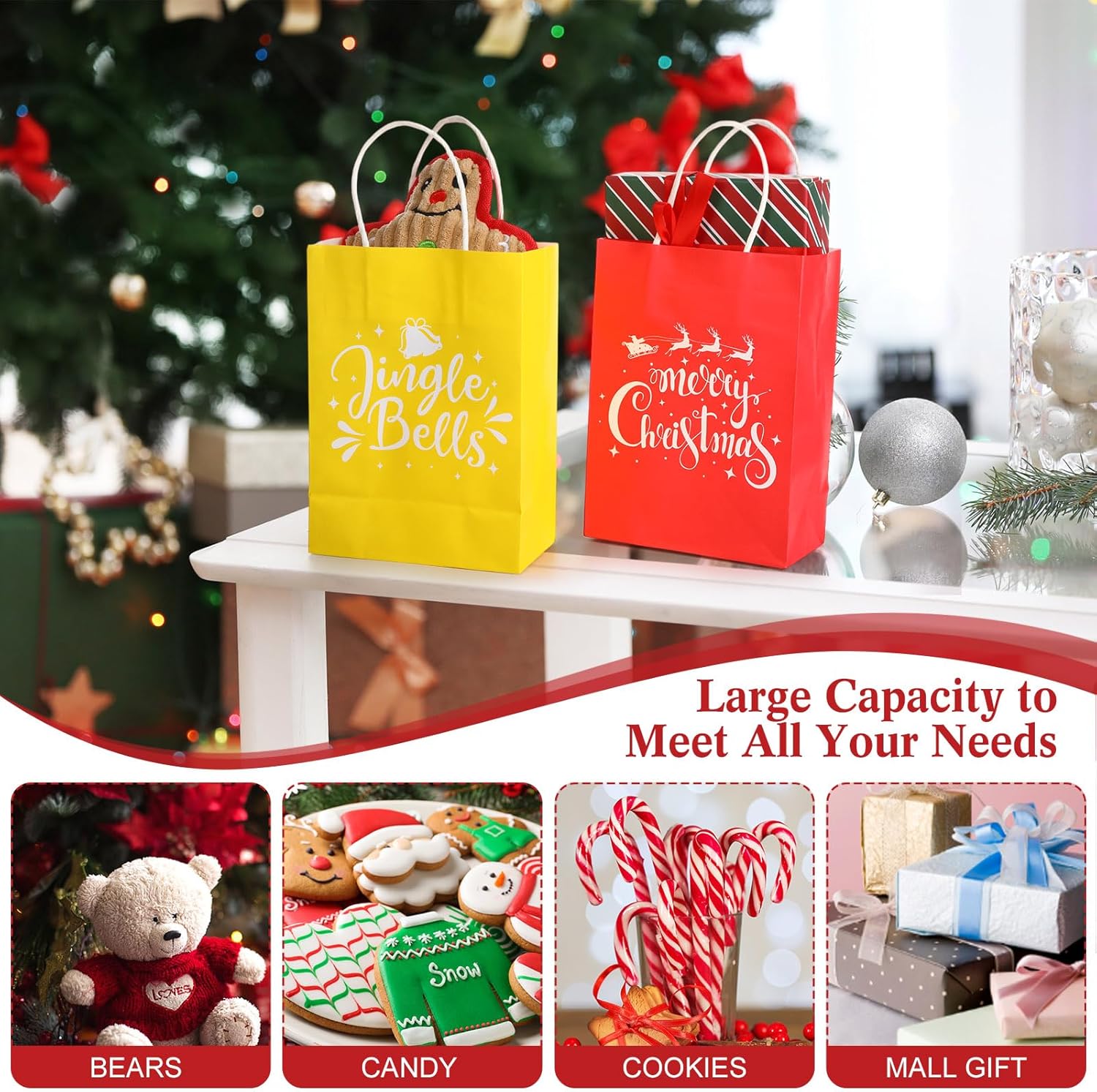 Skyygemm 60 Pack Christmas Gift Bags with Tissue Paper 8.3 x 5.9 x 3.2 mas Paper Gift Bags Bulk with Handles 6 Styles Small Christmas Goody Treat Bag for Xmas Holiday Party Supplies(Multicolor)