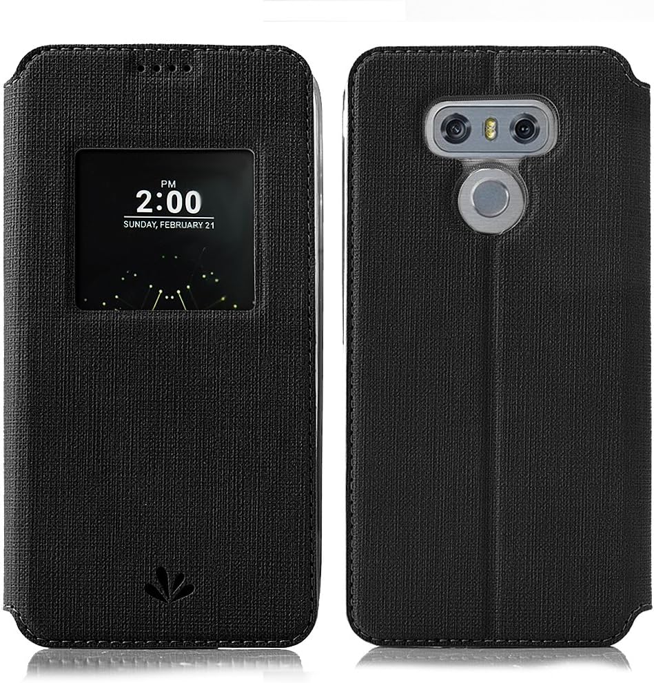 Feitenn Case for LG G6, Premium Flip Leather PU Case View Window Sleep Wake up Smart Cover Stand Kickstand Holder Magnetic Closure Clear TPU Bumper case for LG G6 (Black)