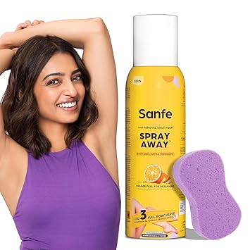 Sanfe Painless & Detan Hair Removal Spray Cream - 200 ml | For Chest, Bikini, Legs, Arms & UnderArm | Removes Hair in 10 Minutes with Skin Detan | Orange Peel, Aloevera, Vitamin E & Niacinamide