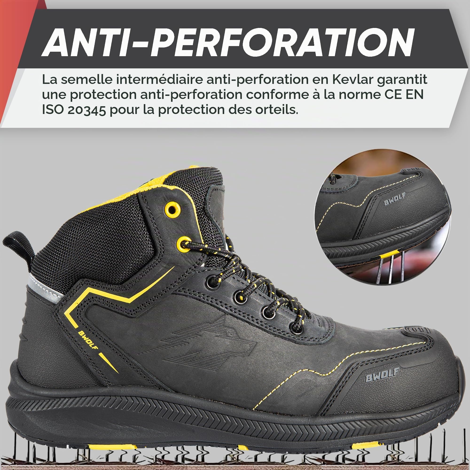 BWOLF Phoenix S3 Chaussures de Sécurité Hommes S3 Hi Nabuk Imperméables Antidérapantes 4 x 4 Grip Tech Semelles Ergo Noir, Jaune, Bleu Nuit Taille 45 EU