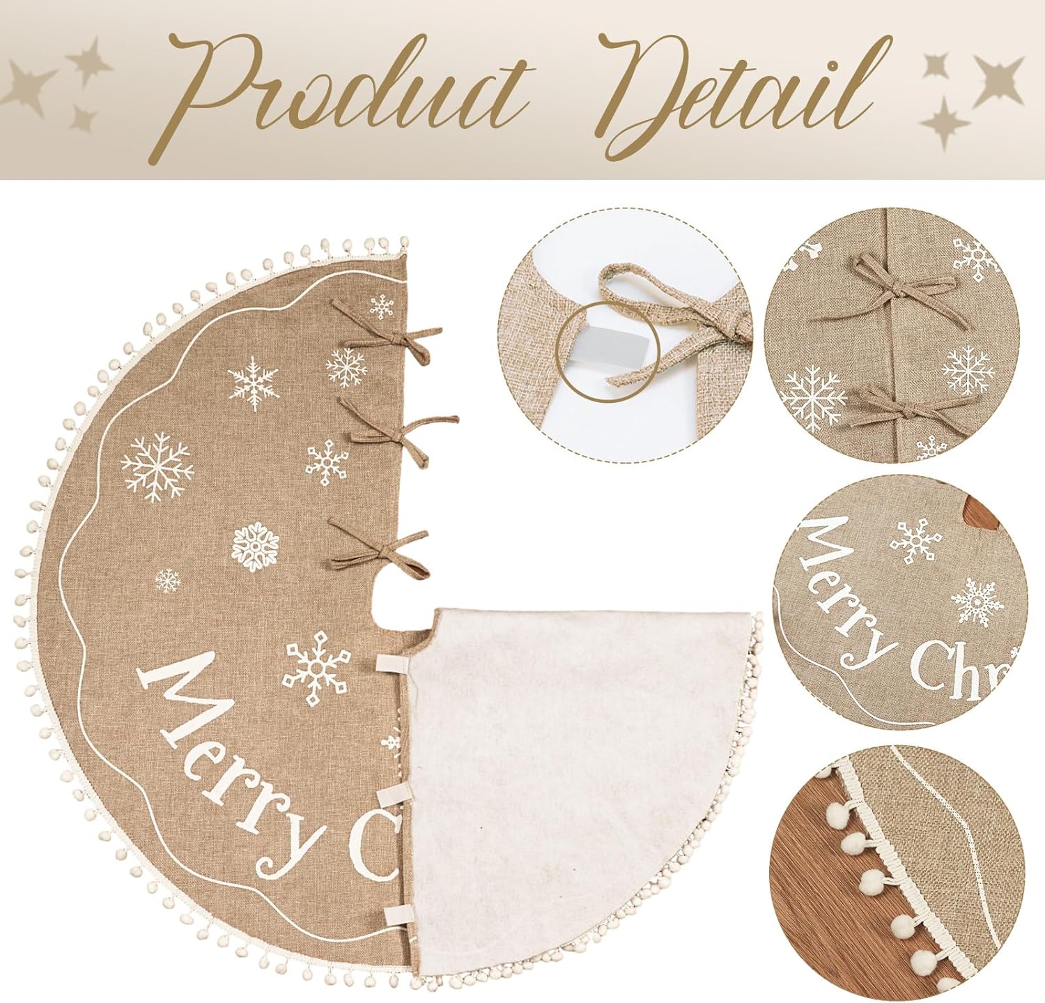 AerWo Burlap Christmas Tree Skirt, 60 Inches, Printed with White Snowflake and Merry Christmas Letter, Xmas Tree Decor for Indoor/Outdoor