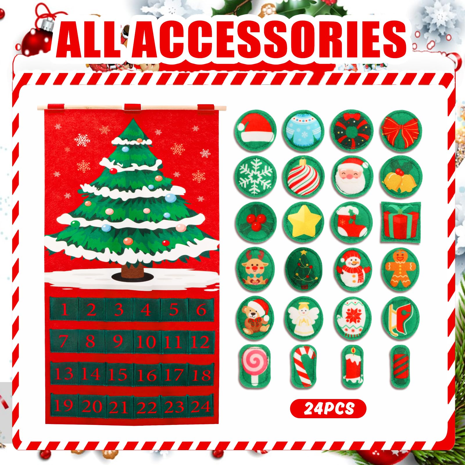 Calendrier De L'Avent Sapin De Noël En Feutre - 24 Pochettes + 24 Décorations Velcro - À Remplir Soi-même, Déco Murale, DIY Familial