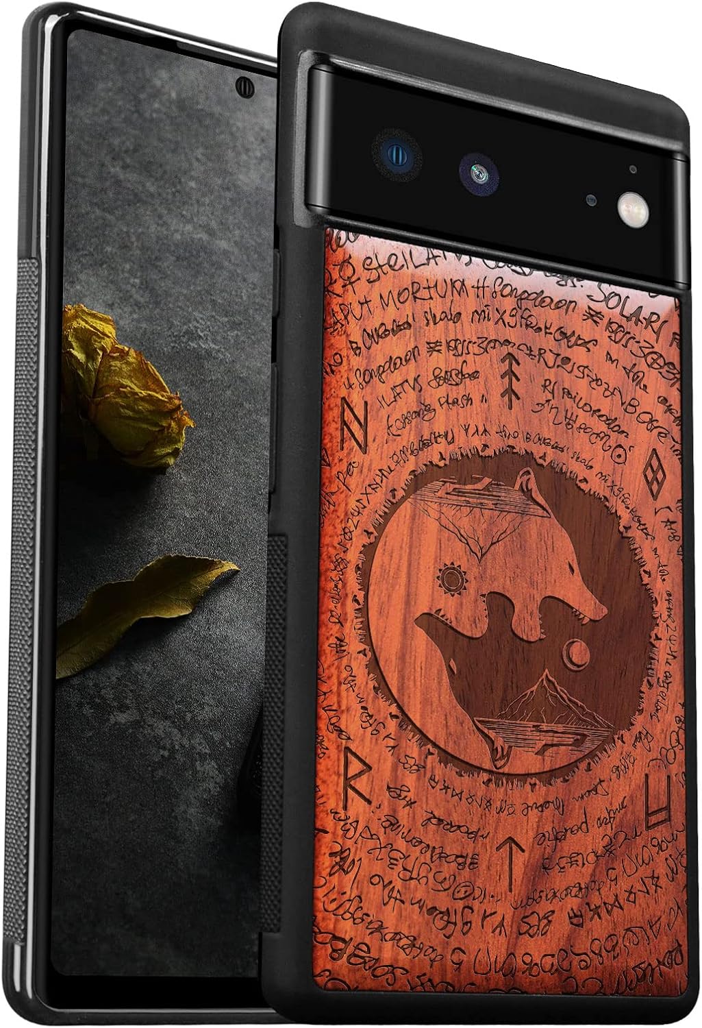 Carveit Wood Case for Pixel 6 Case [Natural Wood & Black Soft TPU] Shockproof Protective Unique & Classy Wooden Cover Compatible with Google Pixel 6 (Wolf-Walnut)