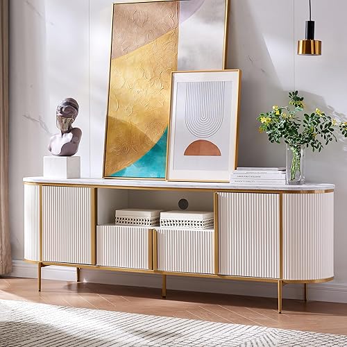 Miniatura 9 de OKD - Soporte de TV 70 pulgadas, moderno centro de entretenimiento, televisores hasta 80 pulgadas, consola de TV, tapa de mármol sintético, perfil