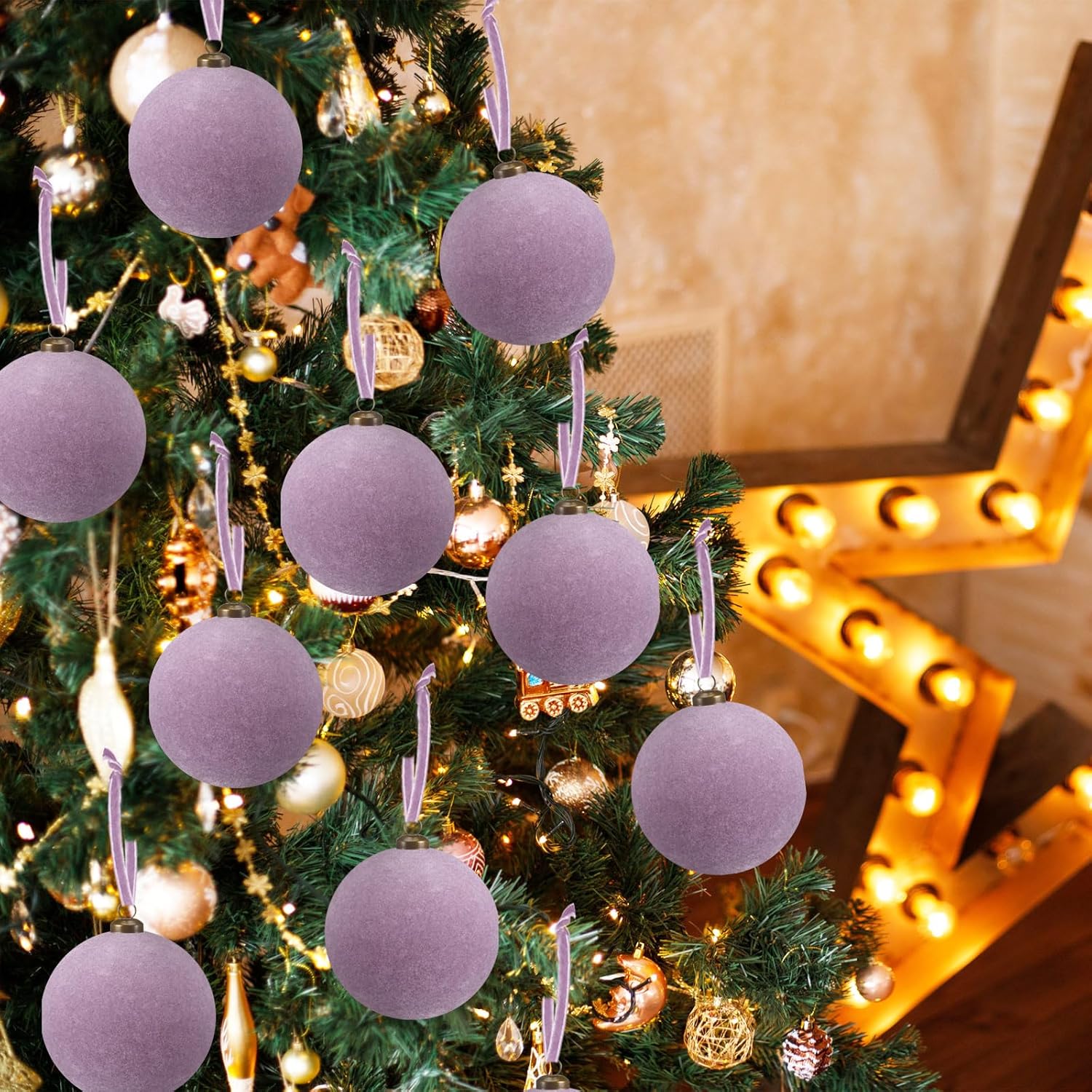 Arrowbash 32 Pcs Taro Purple Velvet Christmas Balls Bulk - 3.15 Inch Flocked Christmas Tree Ball Ornaments Xmas Shatterproof Hanging Ornaments for Xmas Tree Garland Holiday Party Decoration