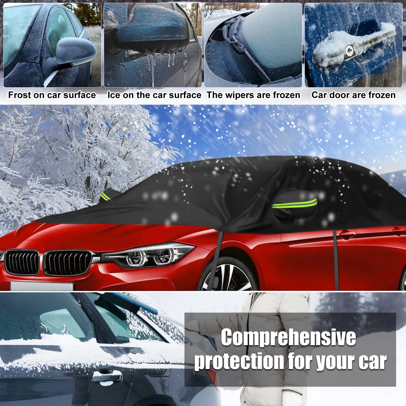 Universelle Halbgarage für Autos 323 * 150 * 49cm, Autoabdeckung Wasserdicht Ersatz für BMW 3 Series, Ersatz für Porsche 911, Autoplane Halbabdeckung für Allwetter, UV-Beständige Vollgarage Regen