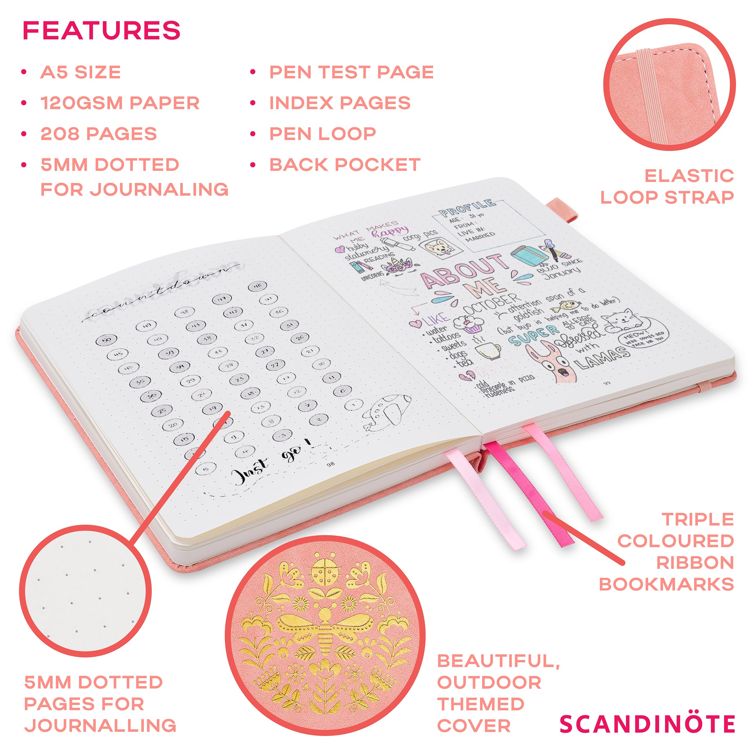 Scandinote A5 Bullet Dotted Journal – Pink, 208 Pages, 120gs Paper, Vegan Leather Cover, 3 - View #8