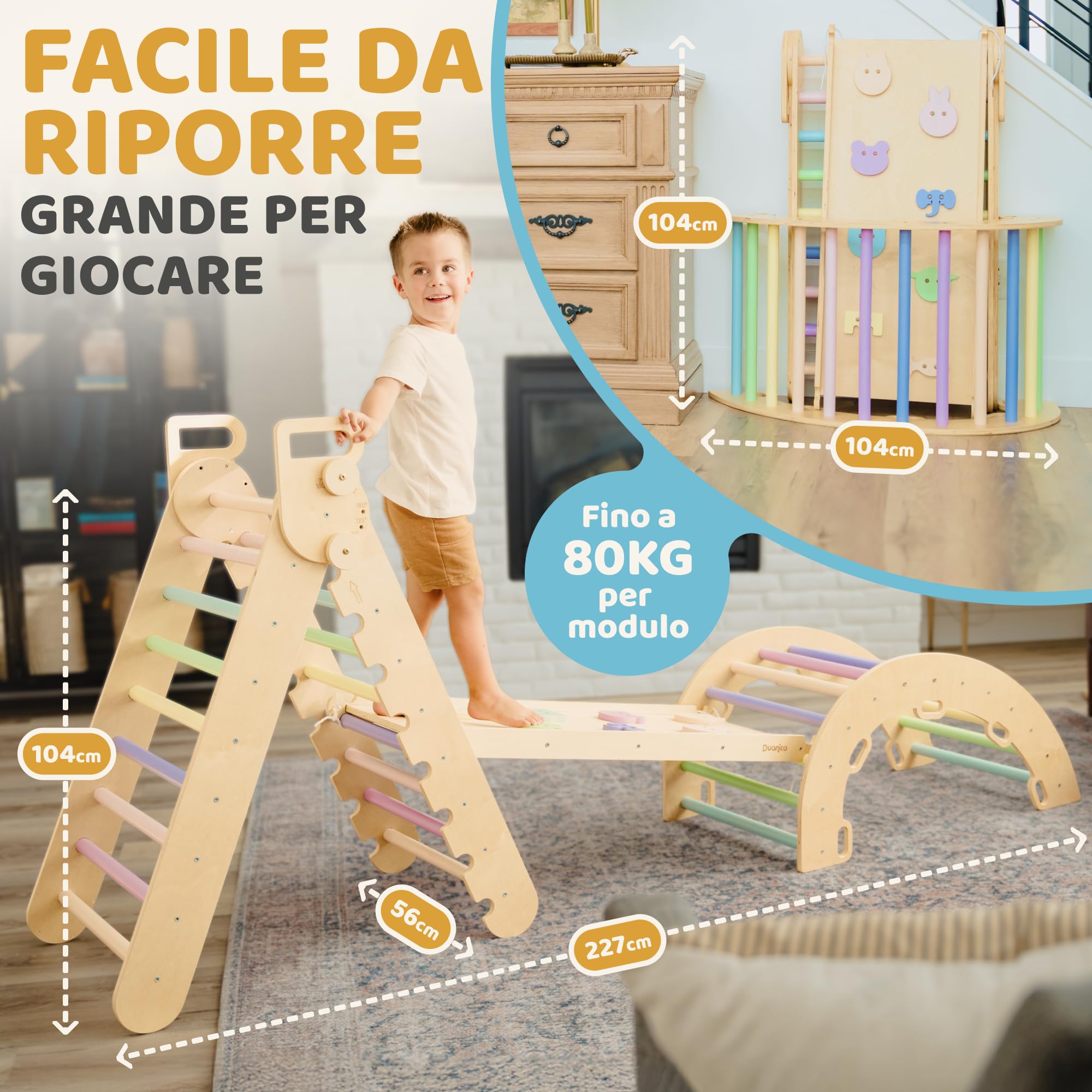 9in1 Montessori triangolo grande da 1 a 7+ anni – 5 angoli regolabili – set di palestra in legno con arco Montessori e rampa per l'arrampicata per bambini da esterno ed interno