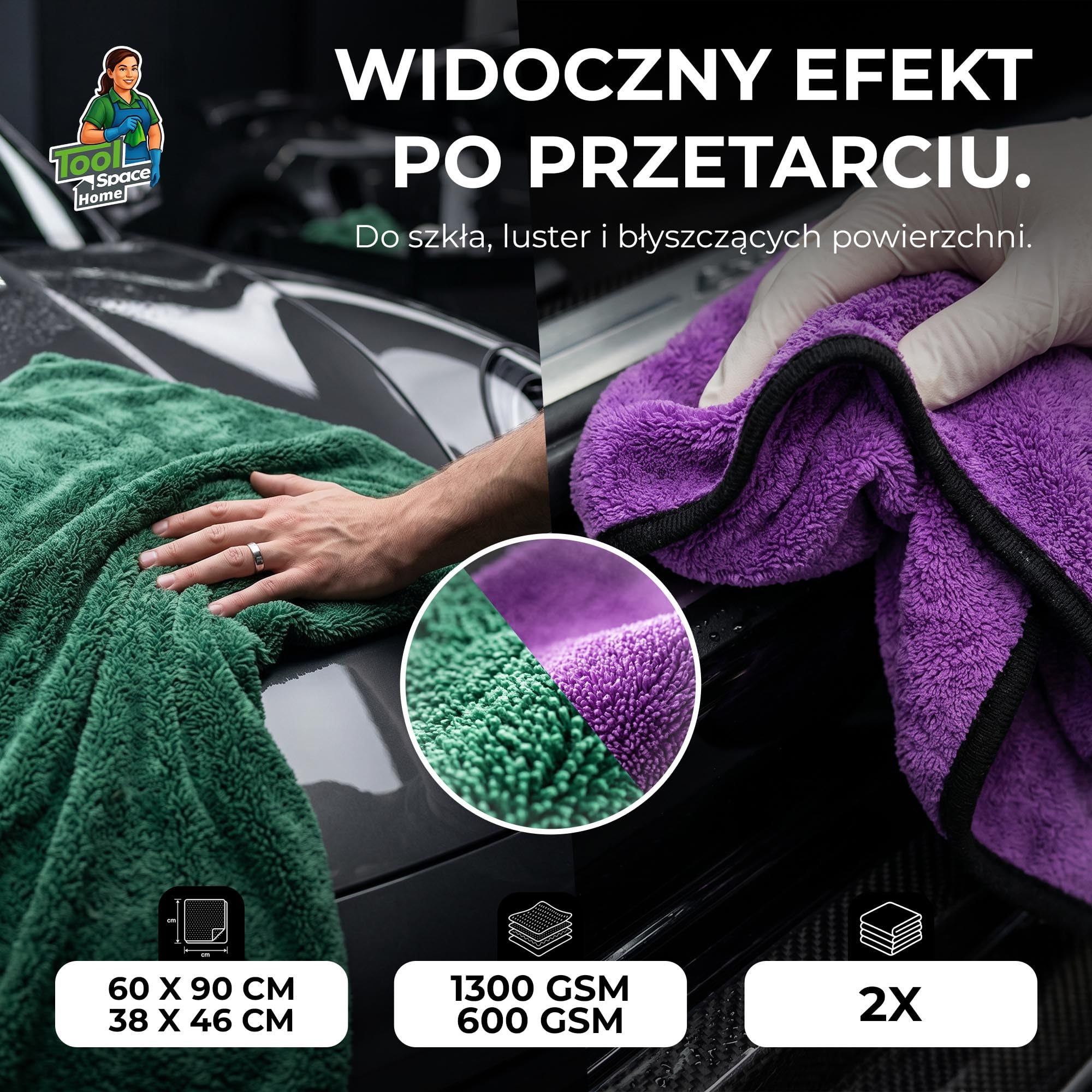 ToolSpace Zestaw Ręczników Samochodowych z Mikrofibry 60x90cm 1300gsm i 38x46cm 600gsm 2 szt. do Osuszania Auta Lakieru Szyb Detailingu Chłonne Miękkie Wielorazowe Bez Smug Premium Mikrofibra i Wosku