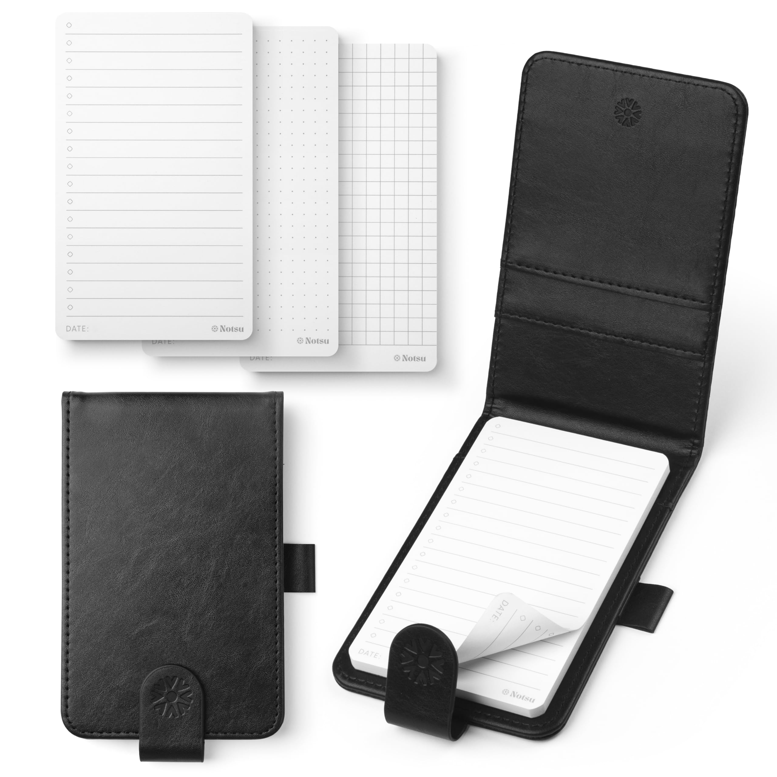 Notsu Porte-bloc-notes de poche 3 x 5 | Mini couverture en cuir vegan noir