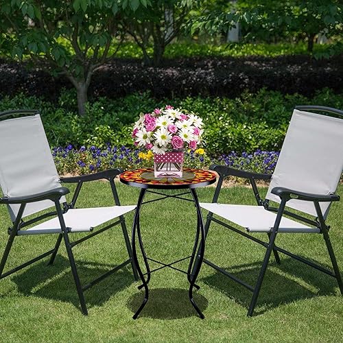 Miniatura 7 de VCUTEKA Mesa auxiliar de mosaico para exteriores, mesa auxiliar para patio, mesa auxiliar pequeña, parte superior de cristal, redonda, balcón, mesa