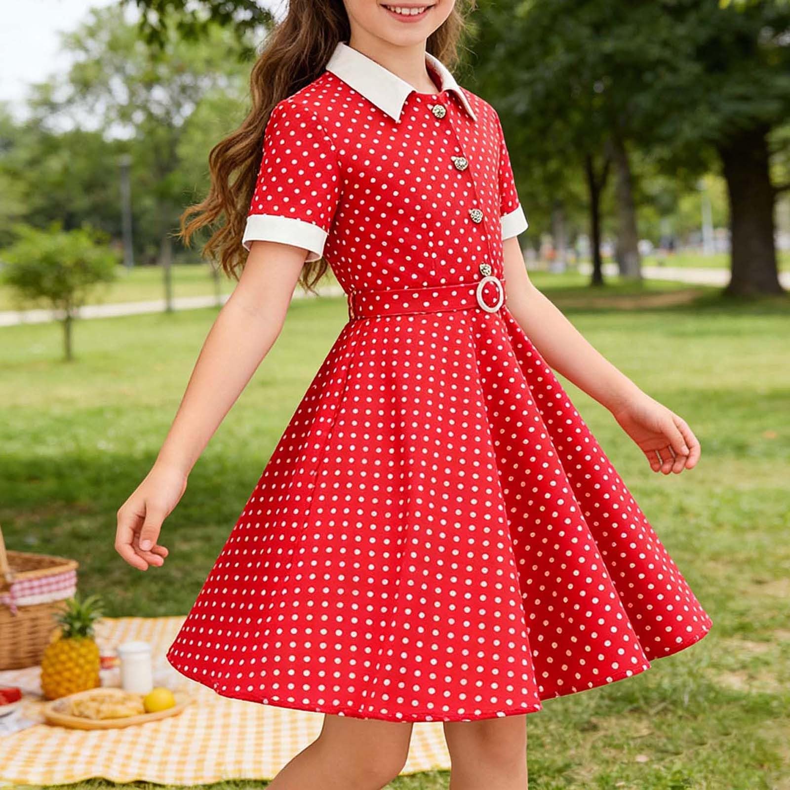 Vestido ajustado de estilo costero con cuello redondo y estampado de lunares, sin tirantes y con abertura frontal, ideal para niñas de 5 a 12 años, de punto piqué, cintura elástica y fácil de lavar