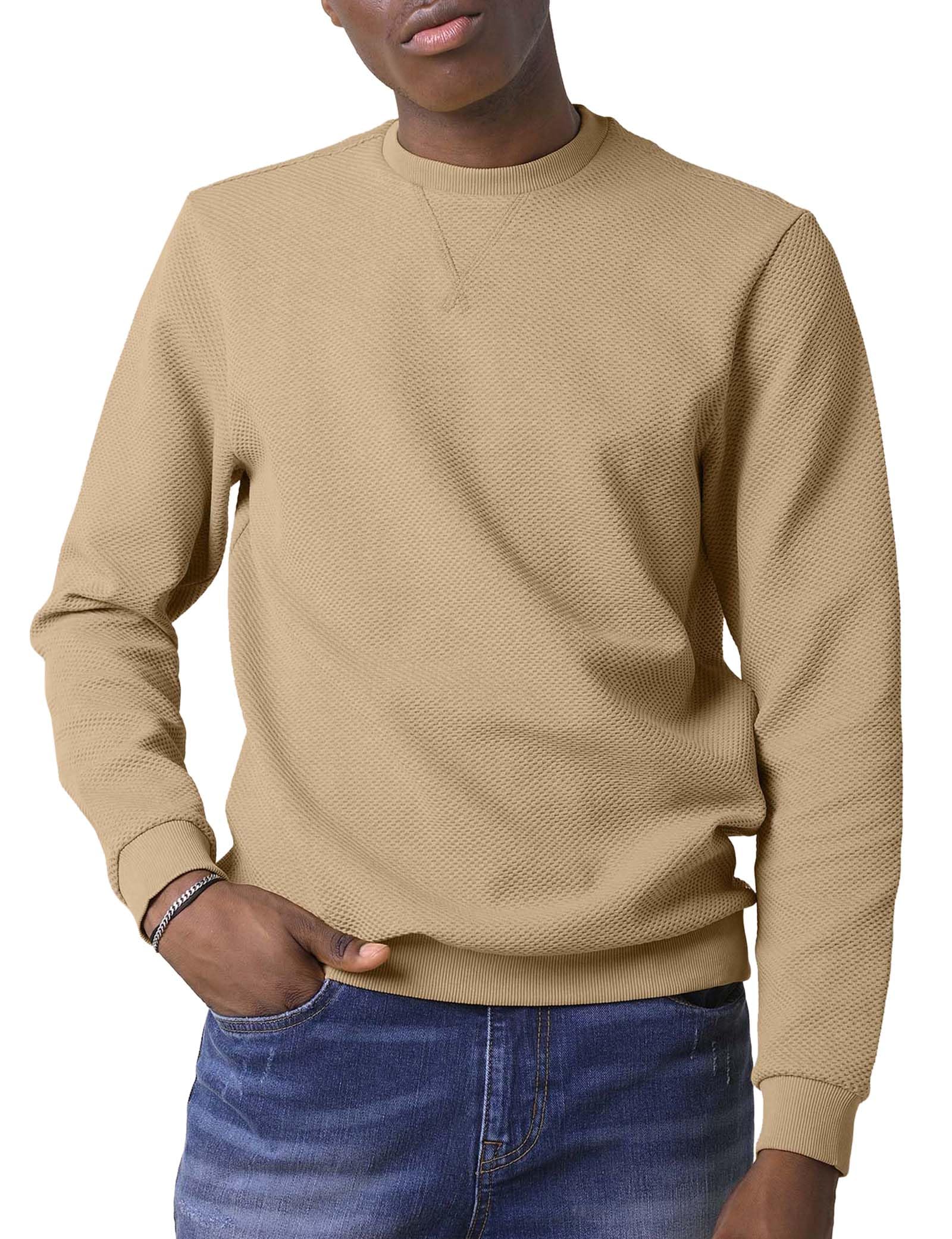 Enorsia Mens Ribbed Crew Neck Sweatshirt – Soft Cotton Blend Pullover Mens Sweatshirts No Hood with Notch Neck Zig-Zag Stitch – Relaxed Fit Jersey Jumper for Casual Everyday Wear - Cream, UK XL