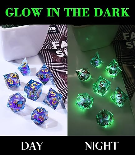 Miniatura 149 de AUSTOR Juego de dados DND de resina de núcleo líquido, de borde afilado, 7 troqueles, juego de dados DND de arena movediza hechos a mano