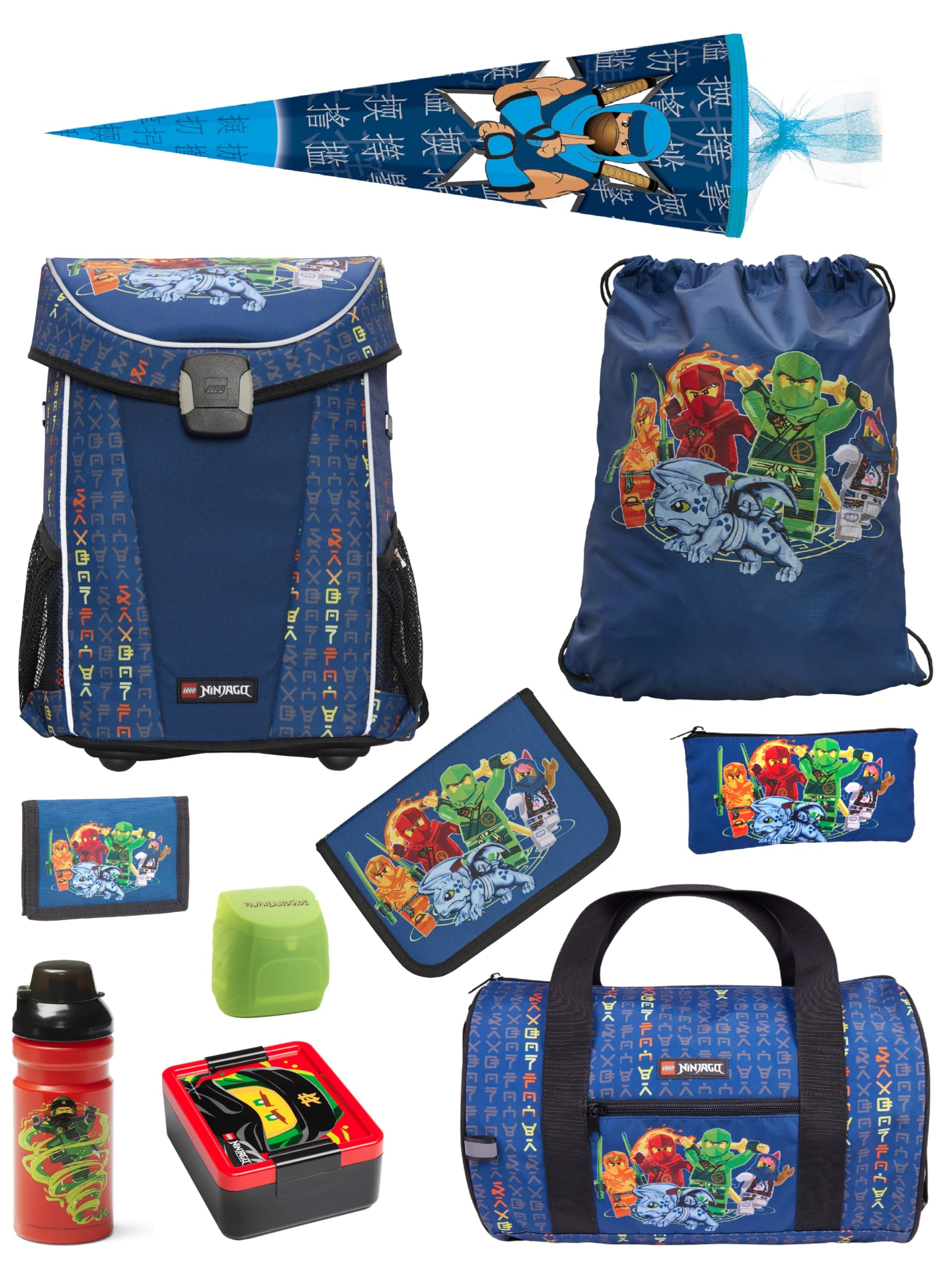 Familando - Schulranzen Set 10-teilig mit Schultüte - Ninjago Blau - Ergonomisch, stabil & mit gepolstertem Rücken - 870g leicht mit 29L Volumen - wasserabweisend und mit Reflektoren - Ab 1. Klasse