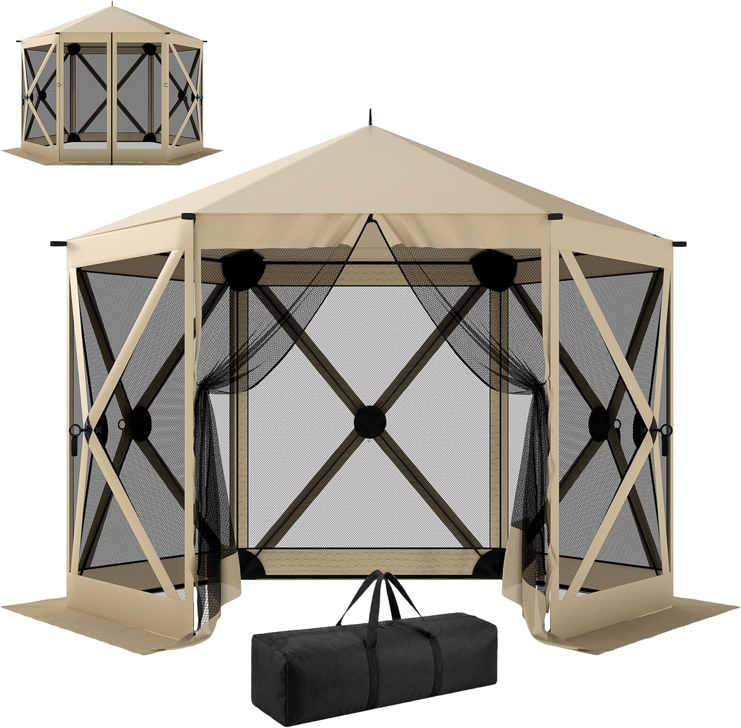 Outsunny 10 x 11 ft Pop Up Gazebo Screen Tent, Outdoor Portable Instant Camping Canopy Screen House Sun Shelter with Mesh Nettings, Carry Bag, Ground Stakes, Ropes for Patio, Backyard, Beige