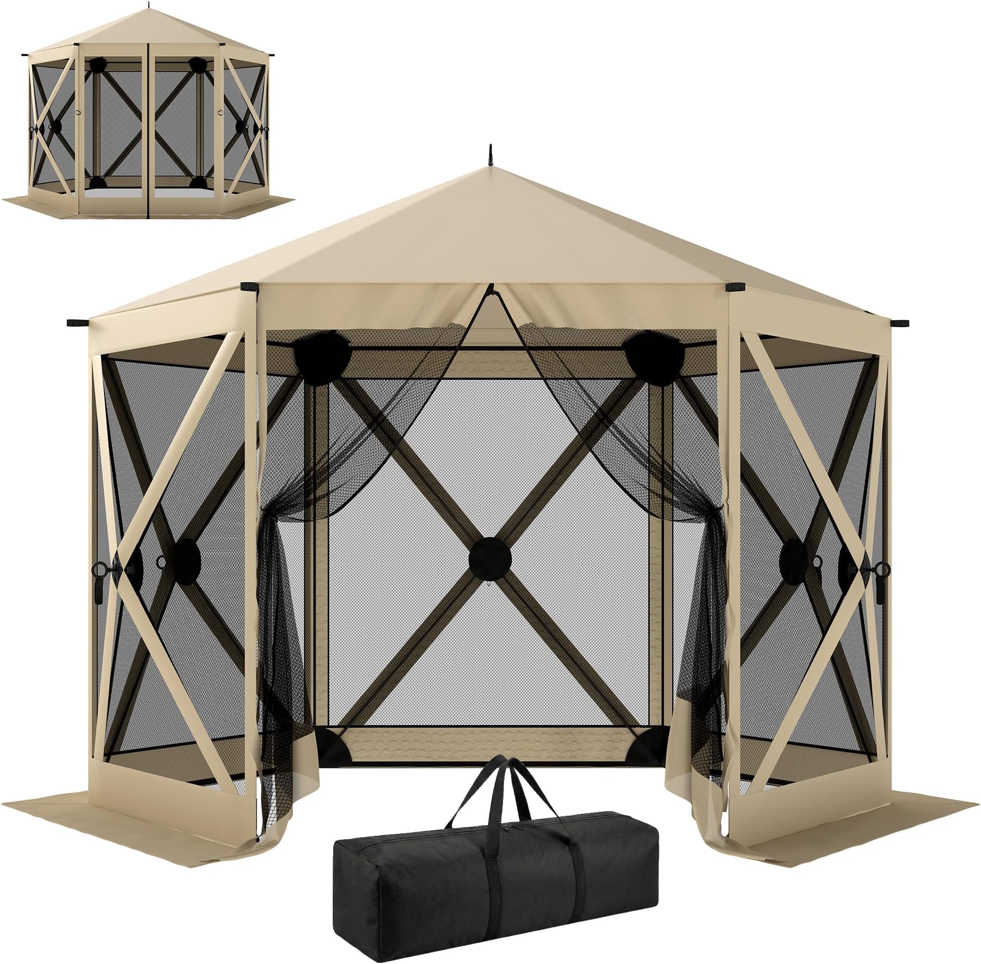 Outsunny 10 x 11 ft Pop Up Gazebo Screen Tent, Outdoor Portable Instant Camping Canopy Screen House Sun Shelter with Mesh Nettings, Carry Bag, Ground Stakes, Ropes for Patio, Backyard, Beige