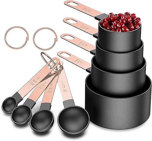 Juego de tazas y cucharas medidoras con mango de acero inoxidable de oro rosa, 8 cucharadas apilables y precisas para medir ingredientes secos y