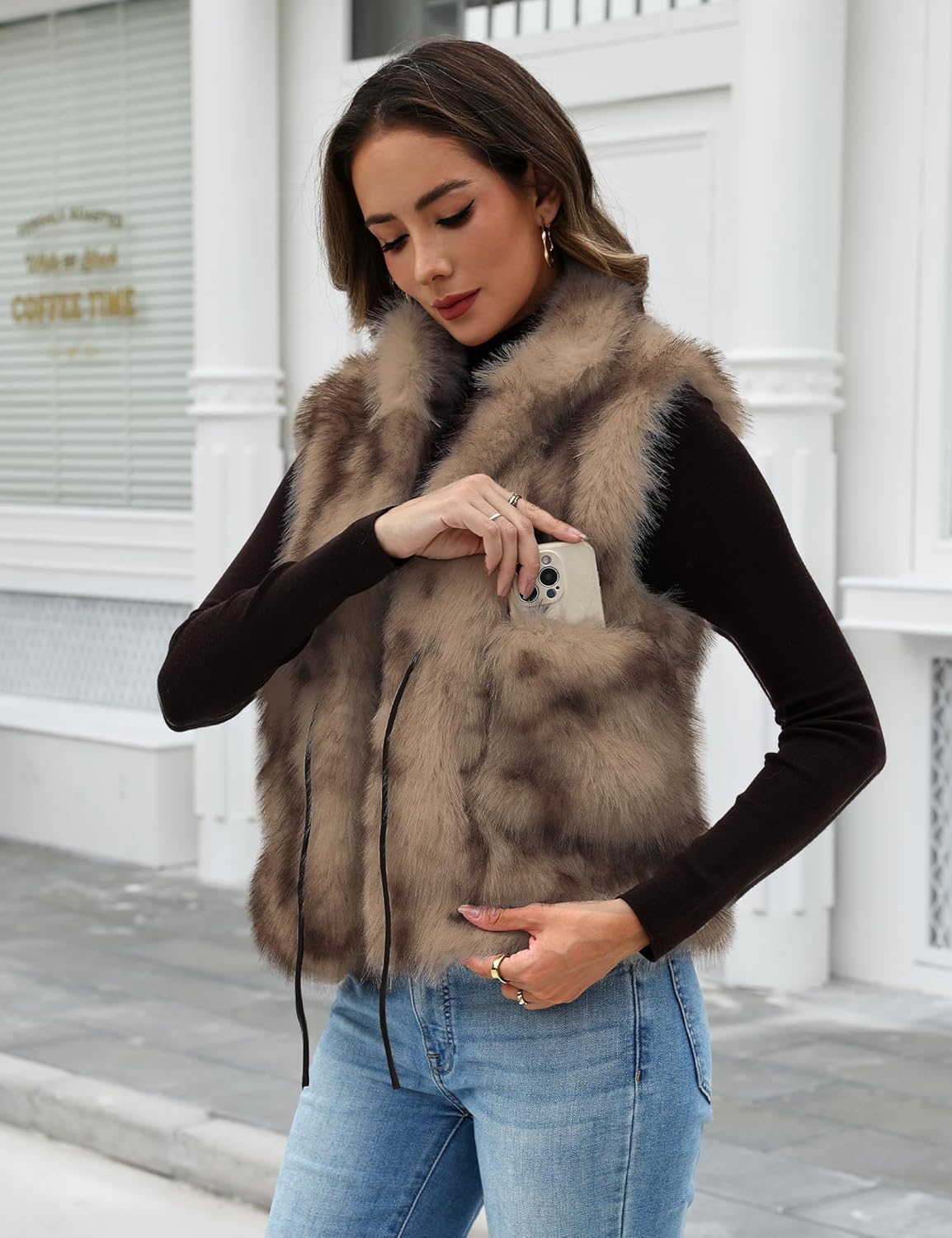 Womens Faux Fur Vest Sleeveless Tie front Cardigan Top Fuzzy Coats Jacket Fluffy Outwear with 2 Side Patch Pockets - Image 4