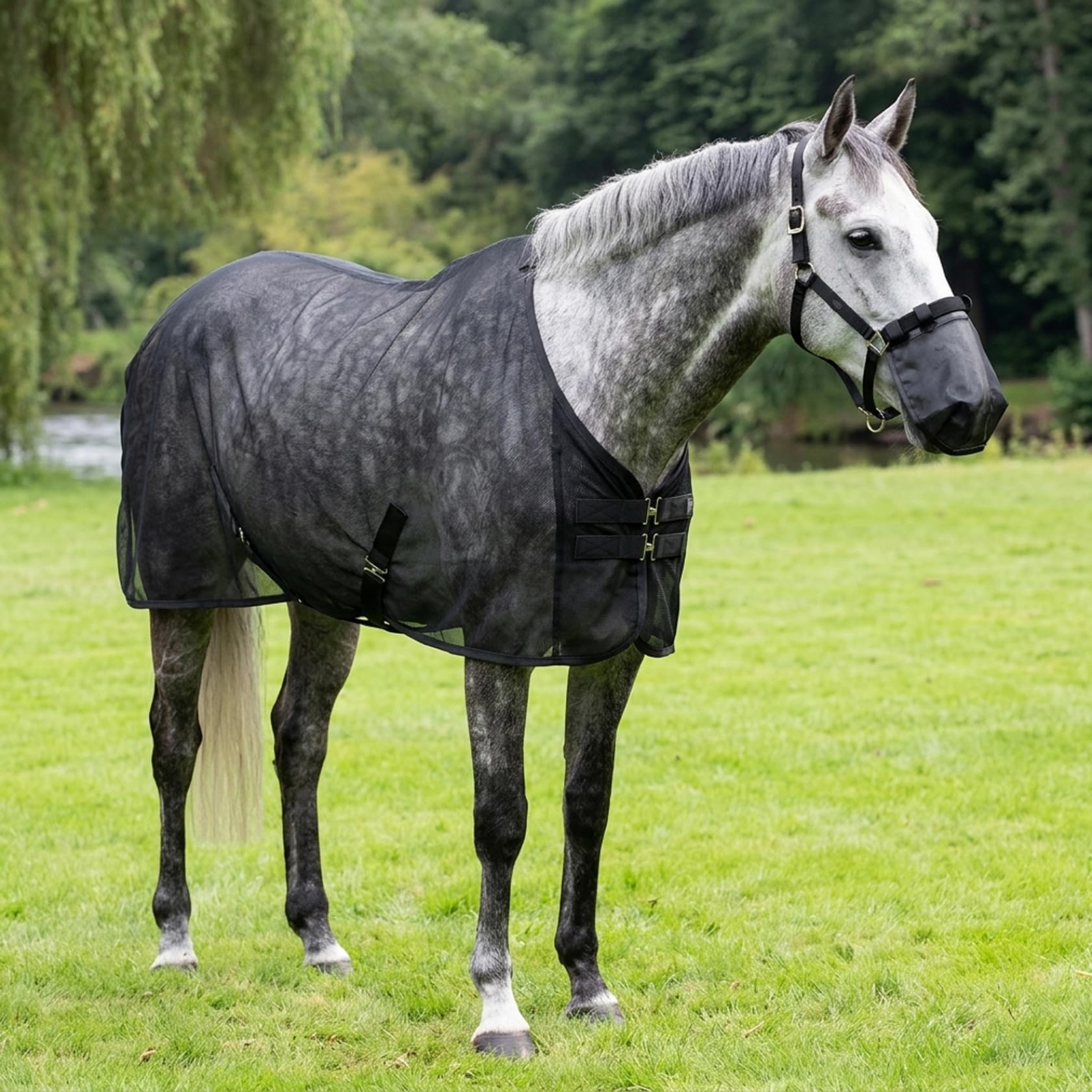 Coperta antimosche per cavalli coperta antimosche regolabile in rete con coprinaso traspirante protezione estiva contro gli insetti per pascolo e paddock nera taglia 187 cm/73, 62 pollici
