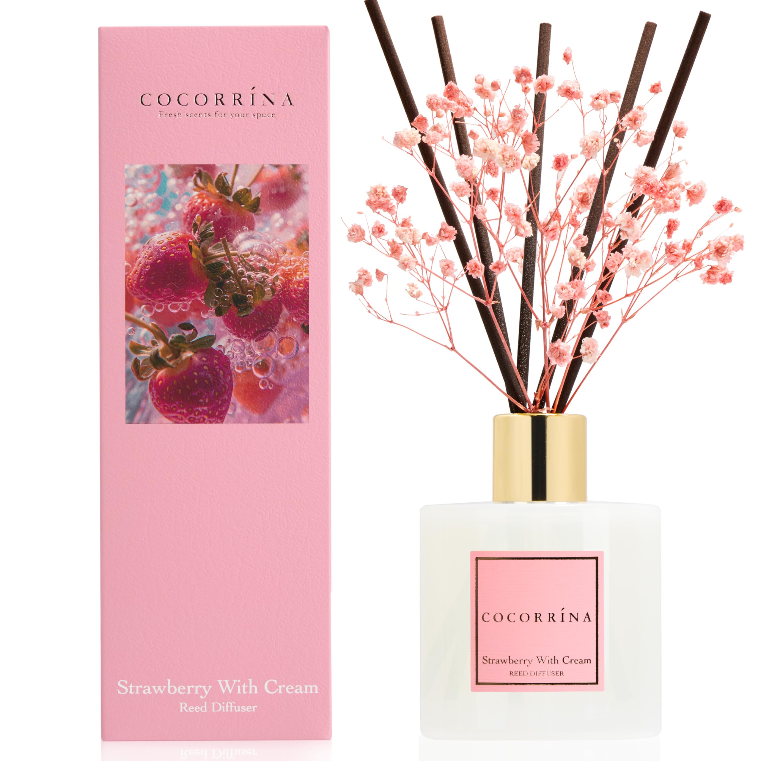 COCORRÍNA Reed Diffuser - Strawberry with Cream 200ml Scented Diffuser with 8 Sticks Home Fragrance for Bedroom Bathroom Living Room, Home & Office Decor