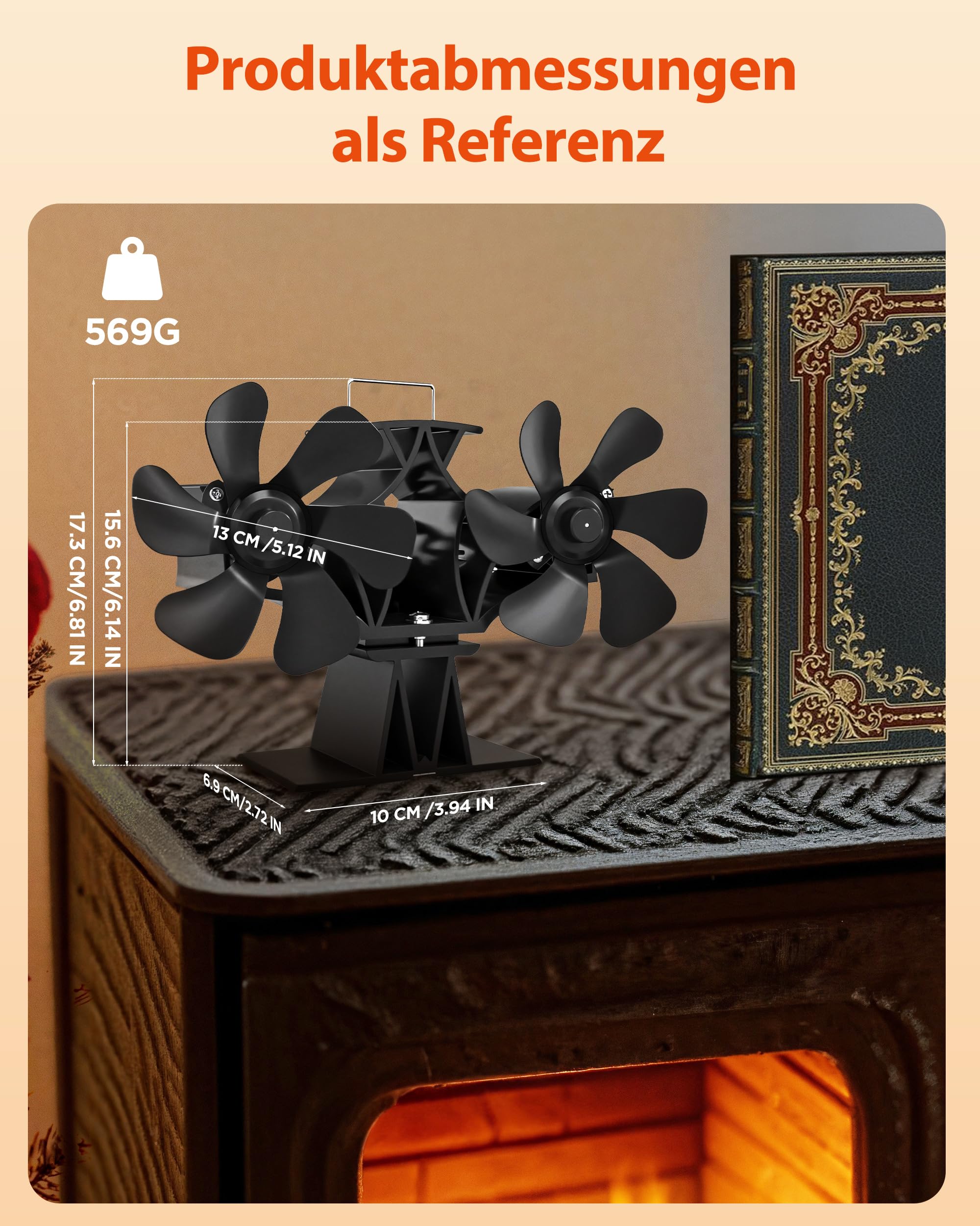 Signstek Kaminventilator ohne Strom, Wärmebetriebener Doppelter Ofenventilator für Kaminofen, Holzofen und Holzkamin (12 Blättern)