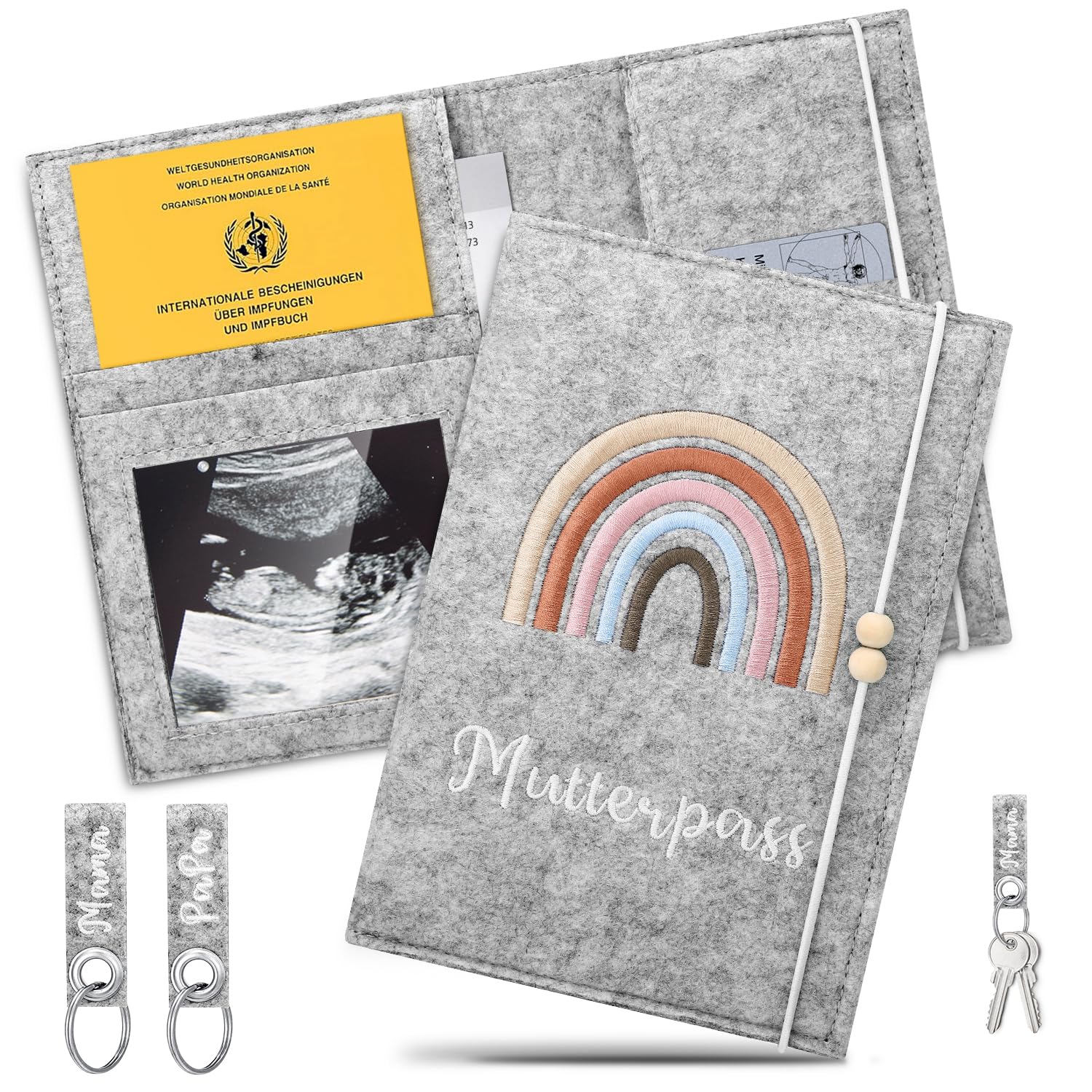 Draupnir Mutterpass Schutzhülle, Deutschen Mutterpass Hülle Filz, Mutterpasshülle Grau mit 2 Schlüsselanhänger, Hülle Mutterpass mit Fächer für Ultraschallbild, Impfpass, Versichertenkarte