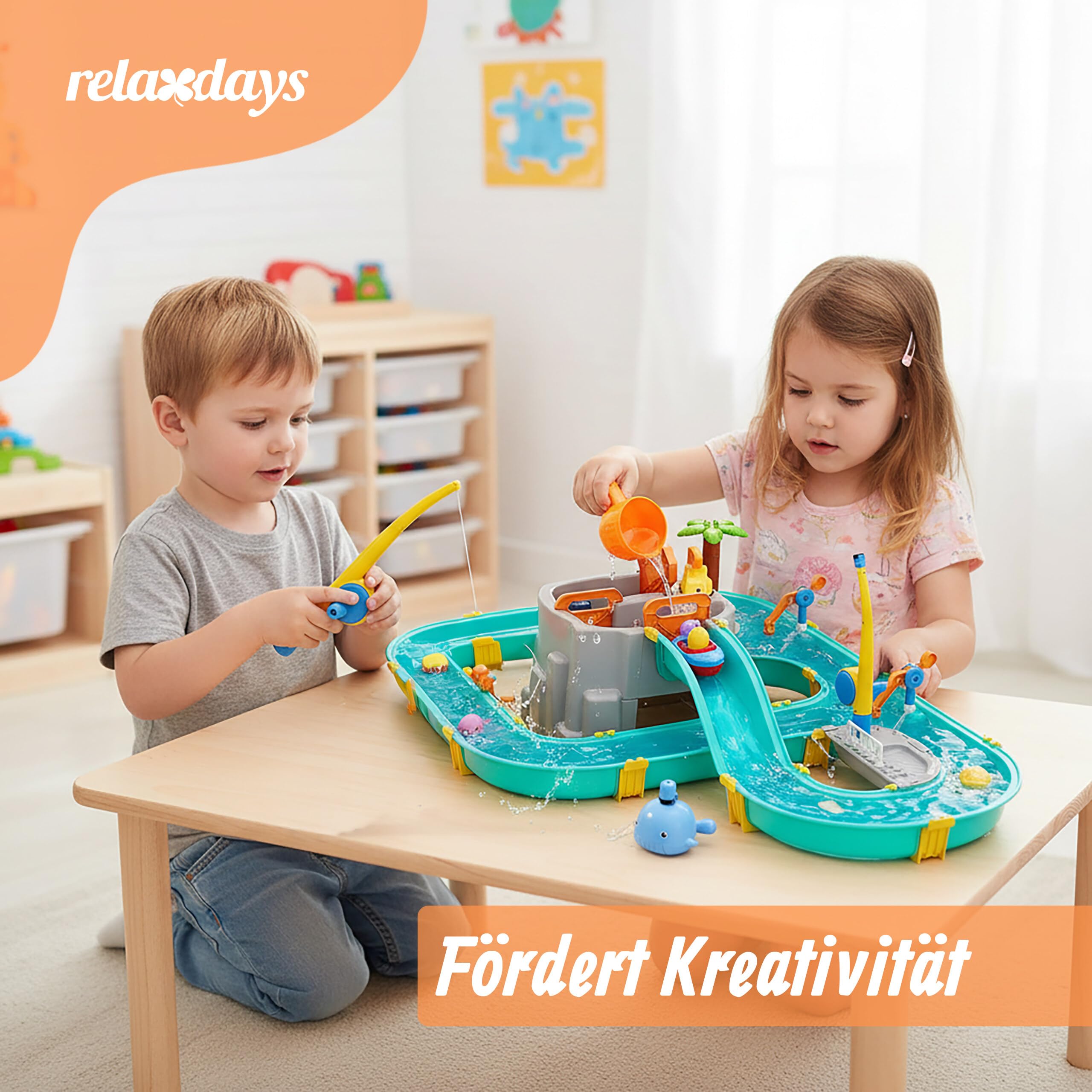 Relaxdays Wasserbahn Kinder, HBT: 71x71x101 cm, Outdoor, Wasserspielbahn, Boote & Angel, Wasserstraße, Kunststoff, bunt