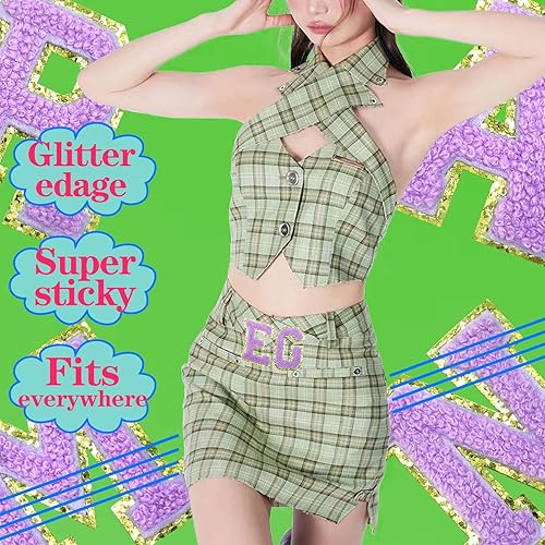 Miniatura 5 de Yhsheen 26 parches de letras doradas bordadas autoadhesivas con brillantina dorada, parches de reparación de letras de chenilla, apliques para tela,