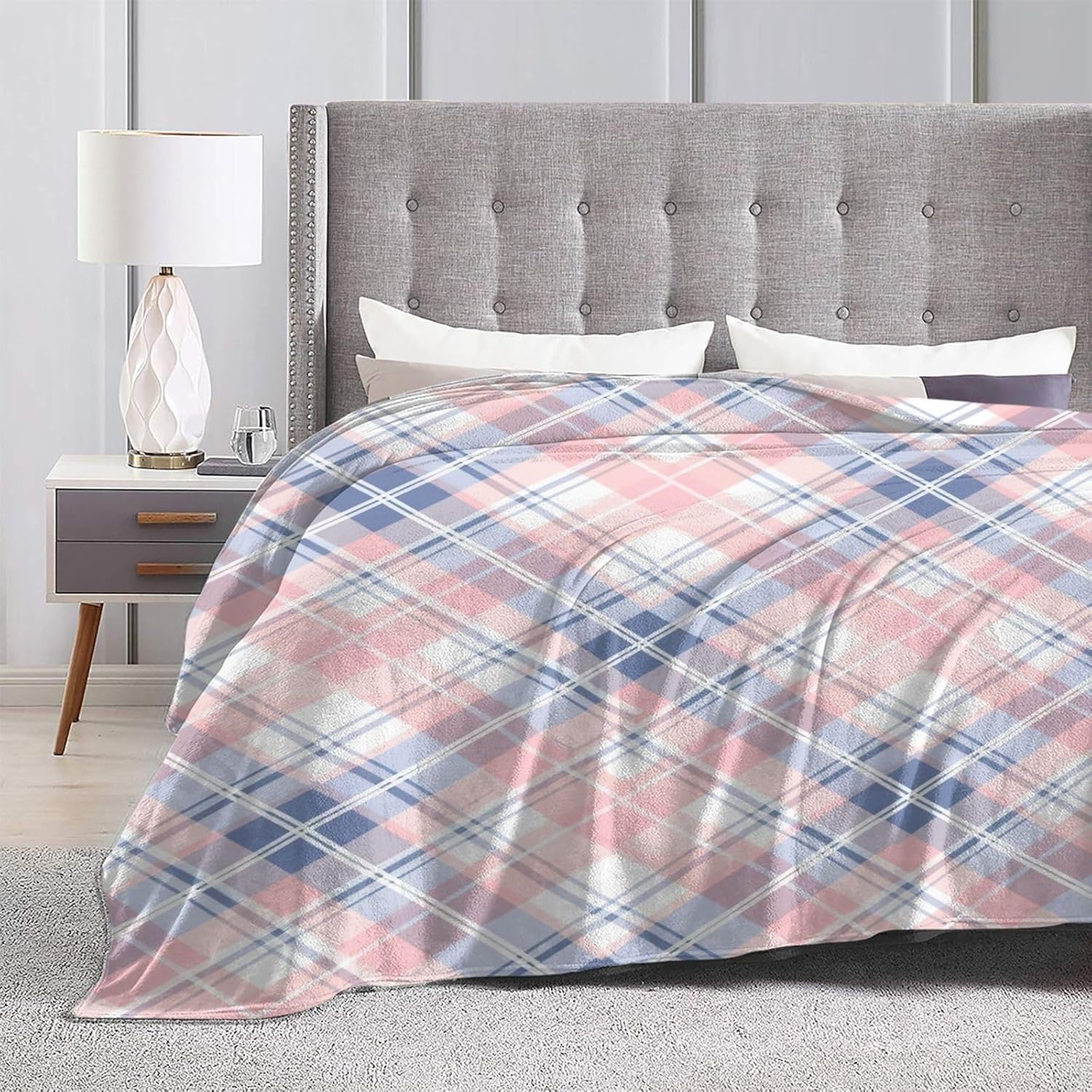 Manta Cuadros Geométricos 220x240 cm Manta Polar de Franela Rosa y Azul para Sofa y Cama, Mantas Ligeras, Caliente y Transpirable, Todas Las Estaciones A-0960