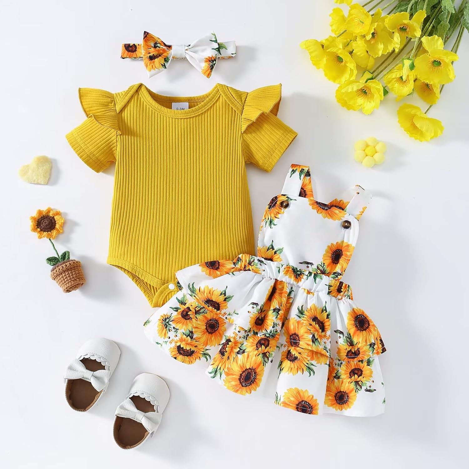 Baby Girl Summer Clothes Newborn Outfit Ruffle Romper Adjustable Suspender Overall Dress Bow Headband 0-24 Months - Image 2