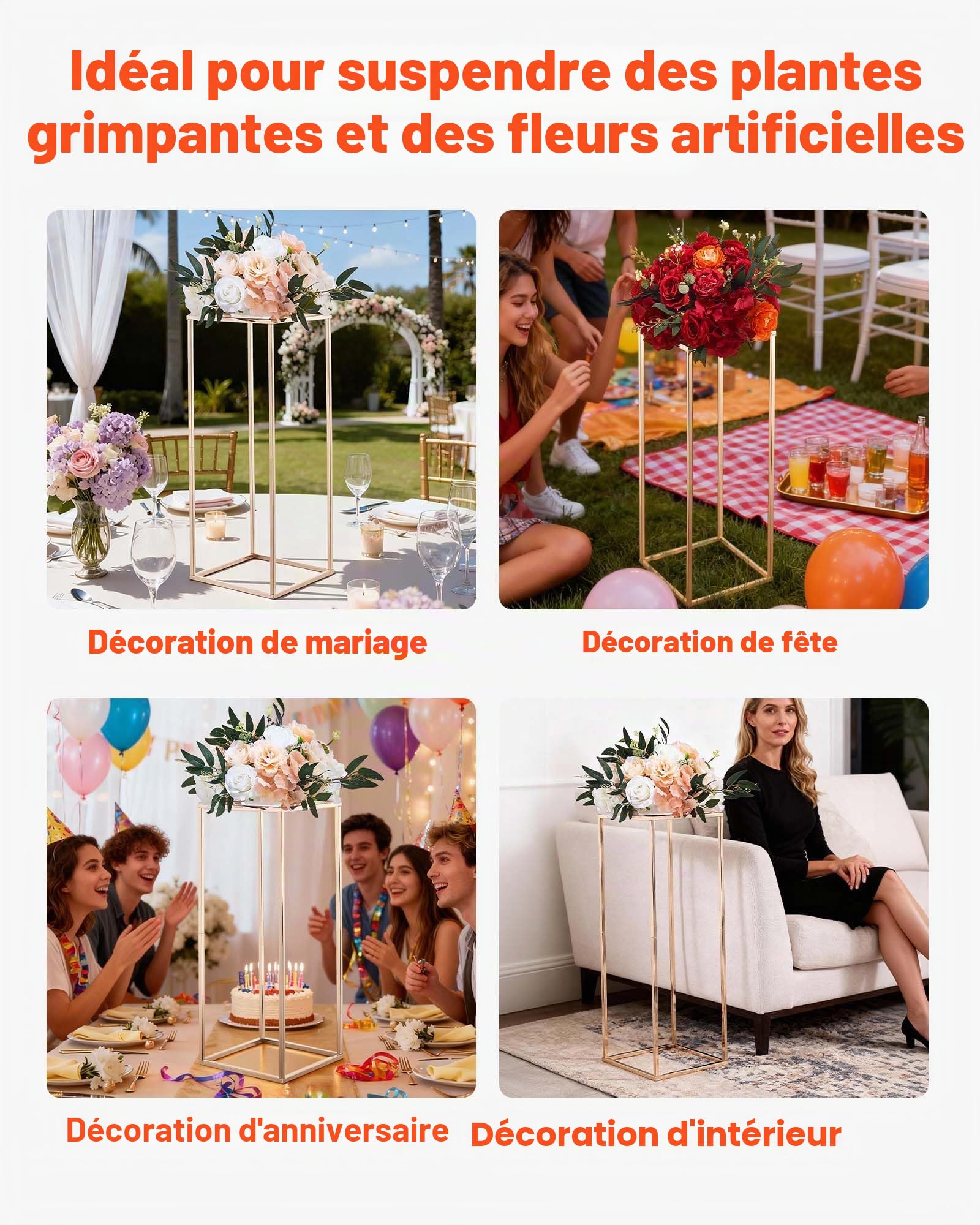 VEVOR Support Fleur Mariage Colonne Lot de 10 Support Fleur Centre Table Mariage 80 cm Présentoir Floral Rectangulaire pour Fêtes, Anniversaires, Décoration Intérieure, avec Panneau Métallique, Doré