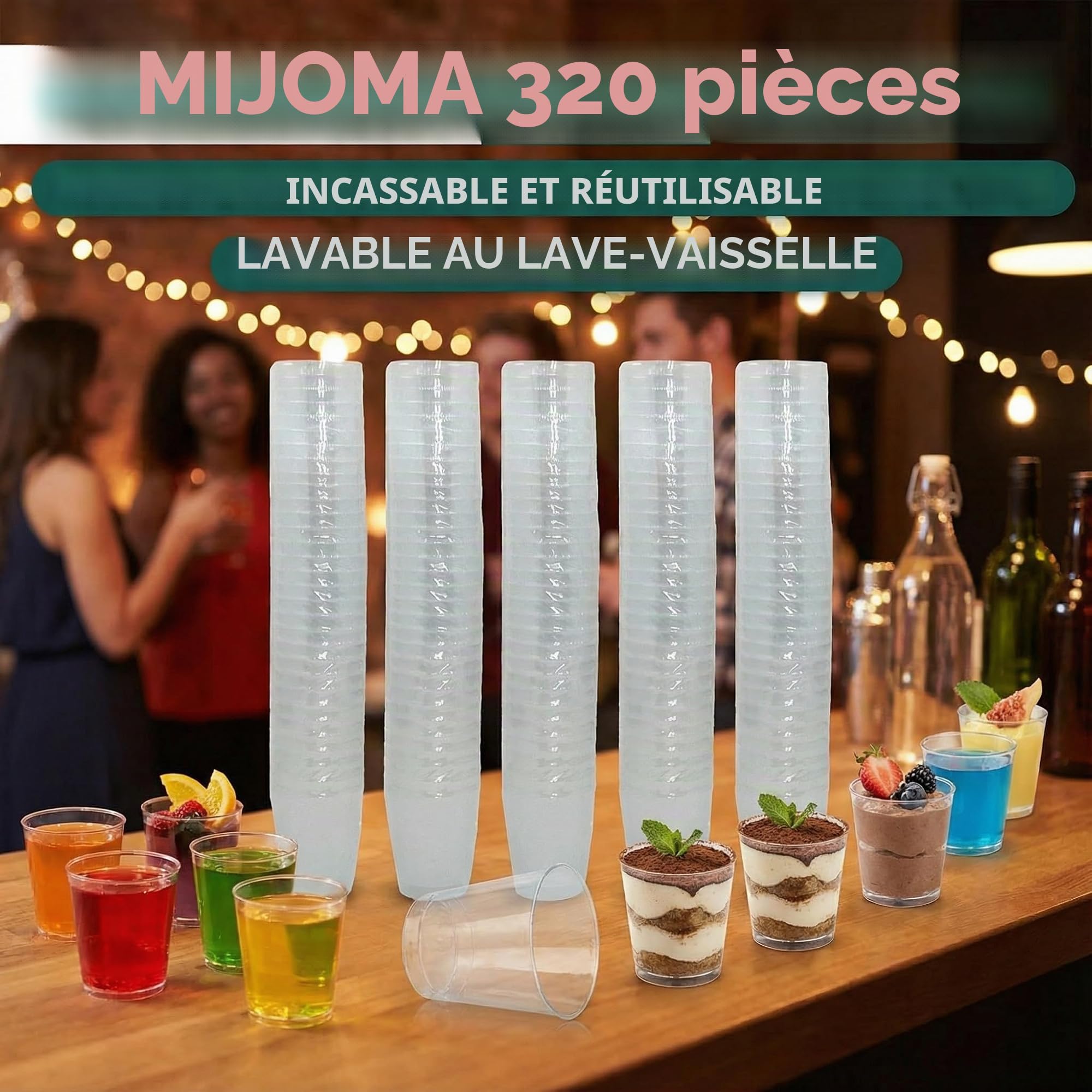 MIJOMA Lot de 320 verres à liqueur incassables en plastique robuste, verres à shot Jello, desserts, fête, mariage, anniversaire. Passe au lave-vaisselle, réutilisables, 29 ml (Transparents)