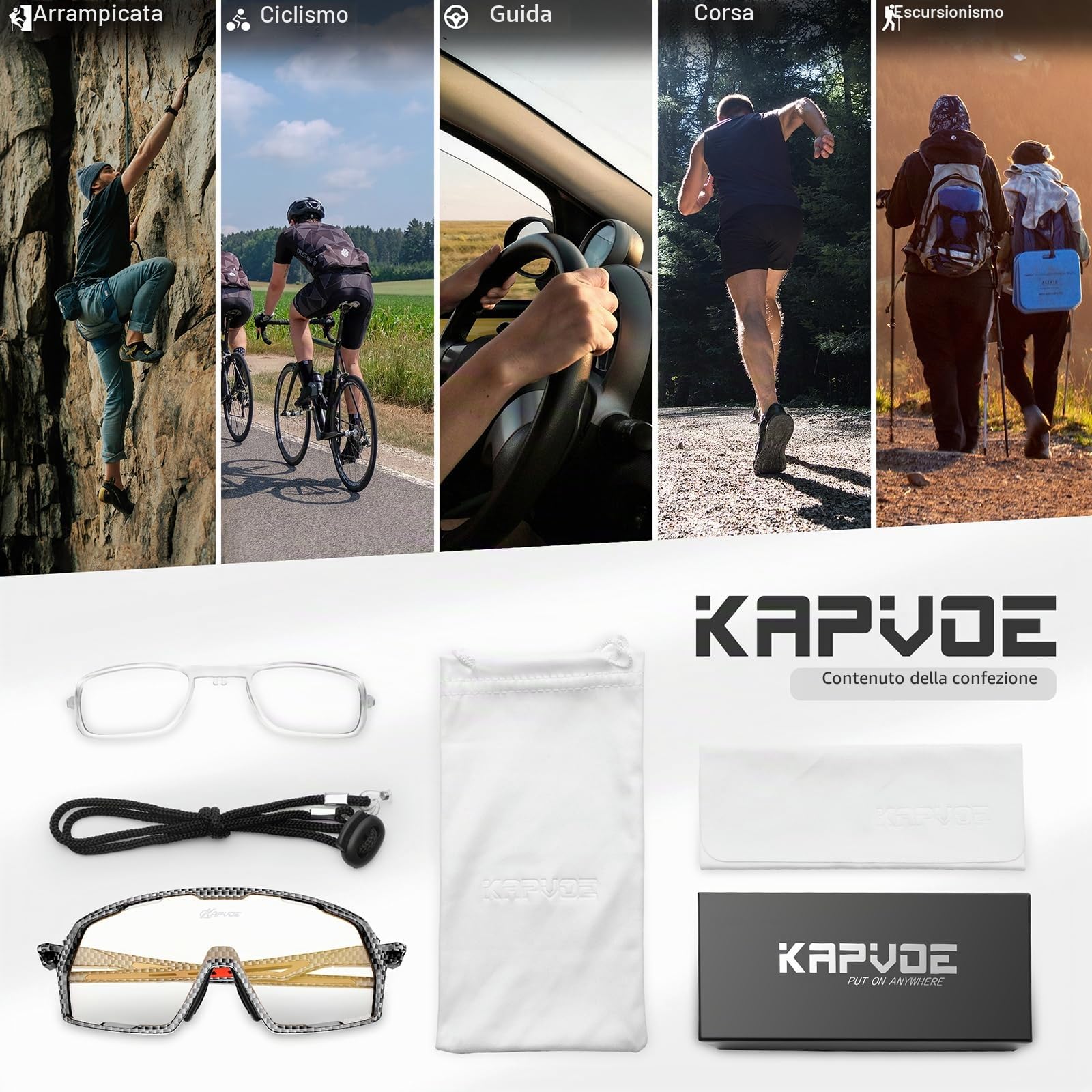 KAPVOE Occhiali da Ciclismo Fotocromatici Uomo Donna Trasparenti Occhiali da SoleSportivi Bici Mountain Bike MTB Bicicletta Baseball K160