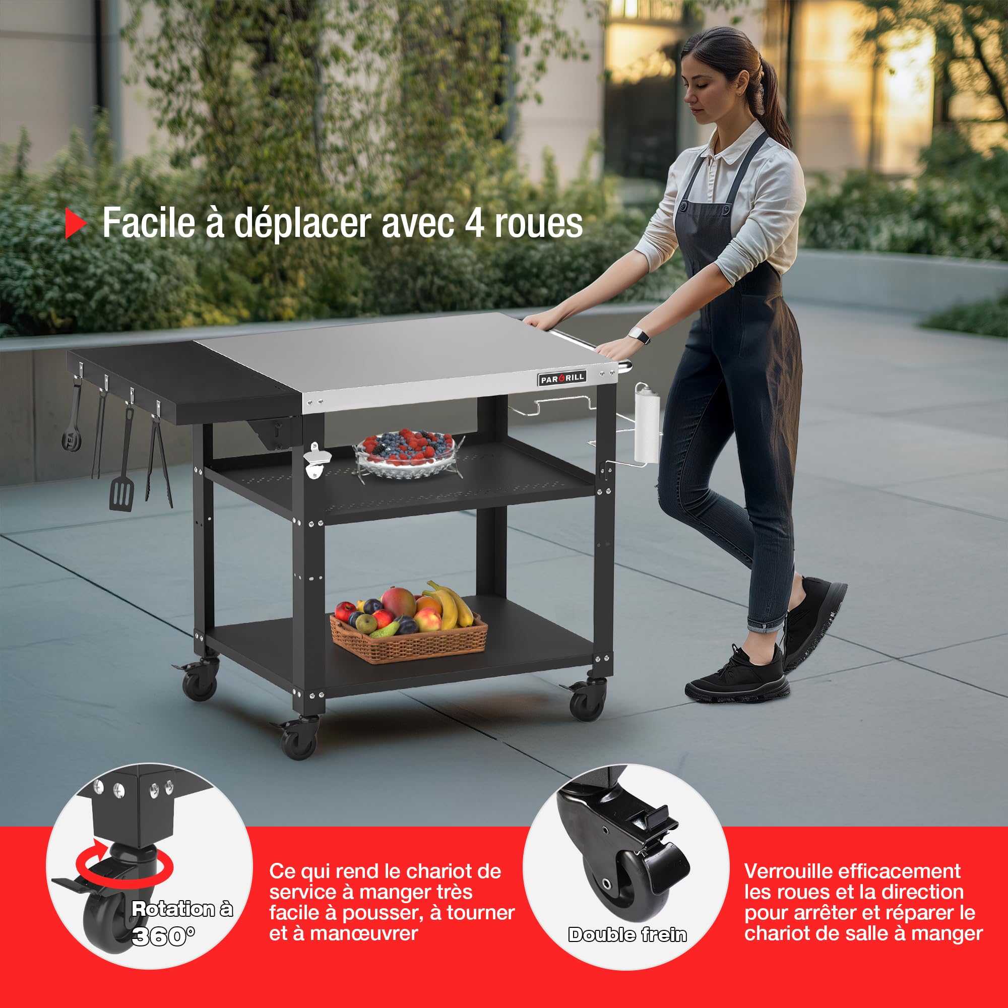 PARGRILL Chariot de Service en Acier Inoxydable à 3 Niveaux, Chariot Barbecue Extérieur avec Table d'appoint Pliable, Desserte à roulettes Pivotantes à 360° avec Frein, pour Cuisine, Barbecue, Jardin