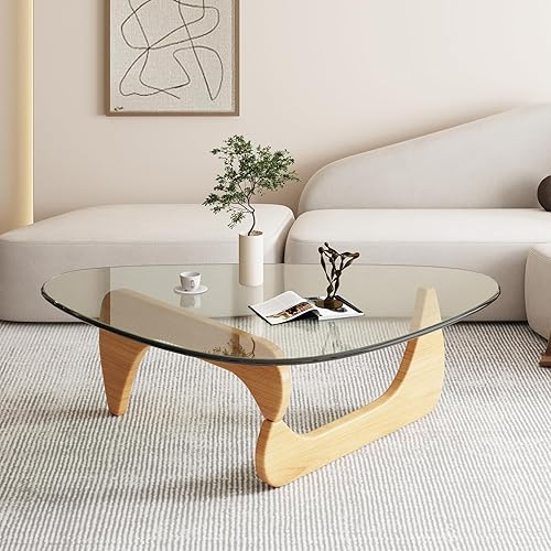 Mesa de centro moderna de cristal para sala de estar, mesas de centro abstractas únicas para espacios pequeños, mesa con base de madera maciza, mesa