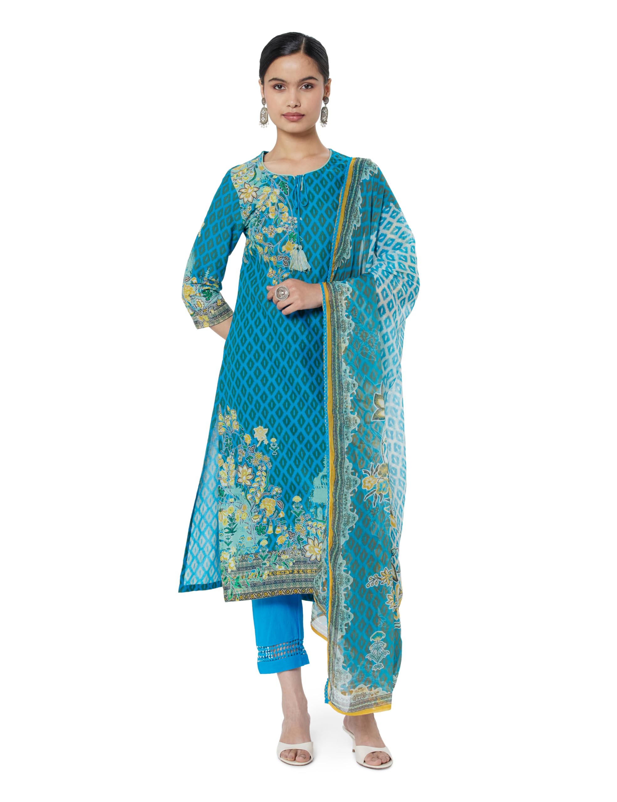 biba Women Cotton Straight Printed Kurta Slim Pant Suit Set-picture-14