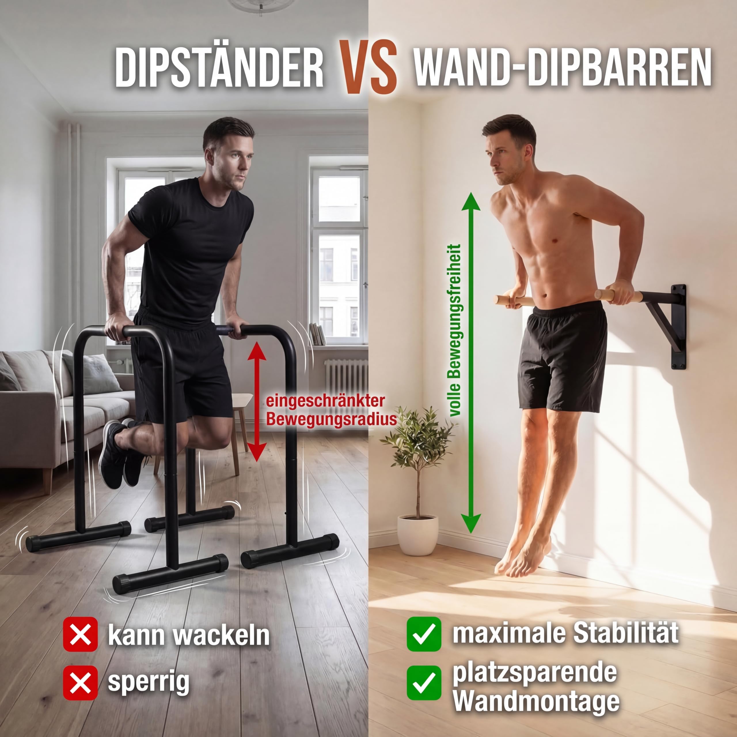 Dip Barren Wandmontage – Dip Station aus Stahl & Buchenholz | 38mm Griff, bis 150 kg, 45cm Wandabstand | Calisthenics Dip Stange für Home Gym