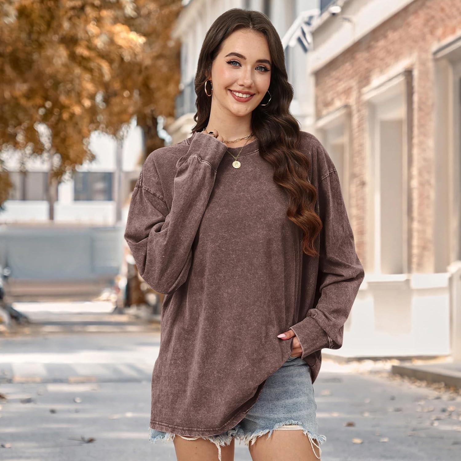 Oversized Long Sleeve Shirts for Women Acid Wash Tshirts Loose Fit Vintage Casual Basic Baggy Cozy Crewneck Tops - Image 3