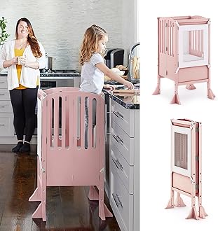 GuideCraftContemporary Kitchen Helper Toddler Tower - Limited Edition Pink. Original Folding Montessori Learning Step Stool with Safety Nets