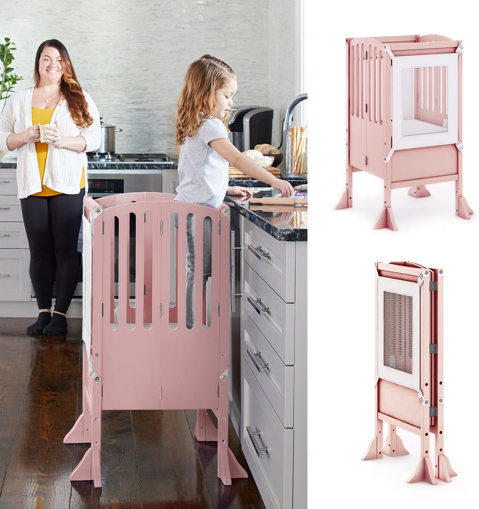 GuideCraftContemporary Kitchen Helper Toddler Tower - Limited Edition Pink. Original Folding Montessori Learning Step Stool with Safety Nets
