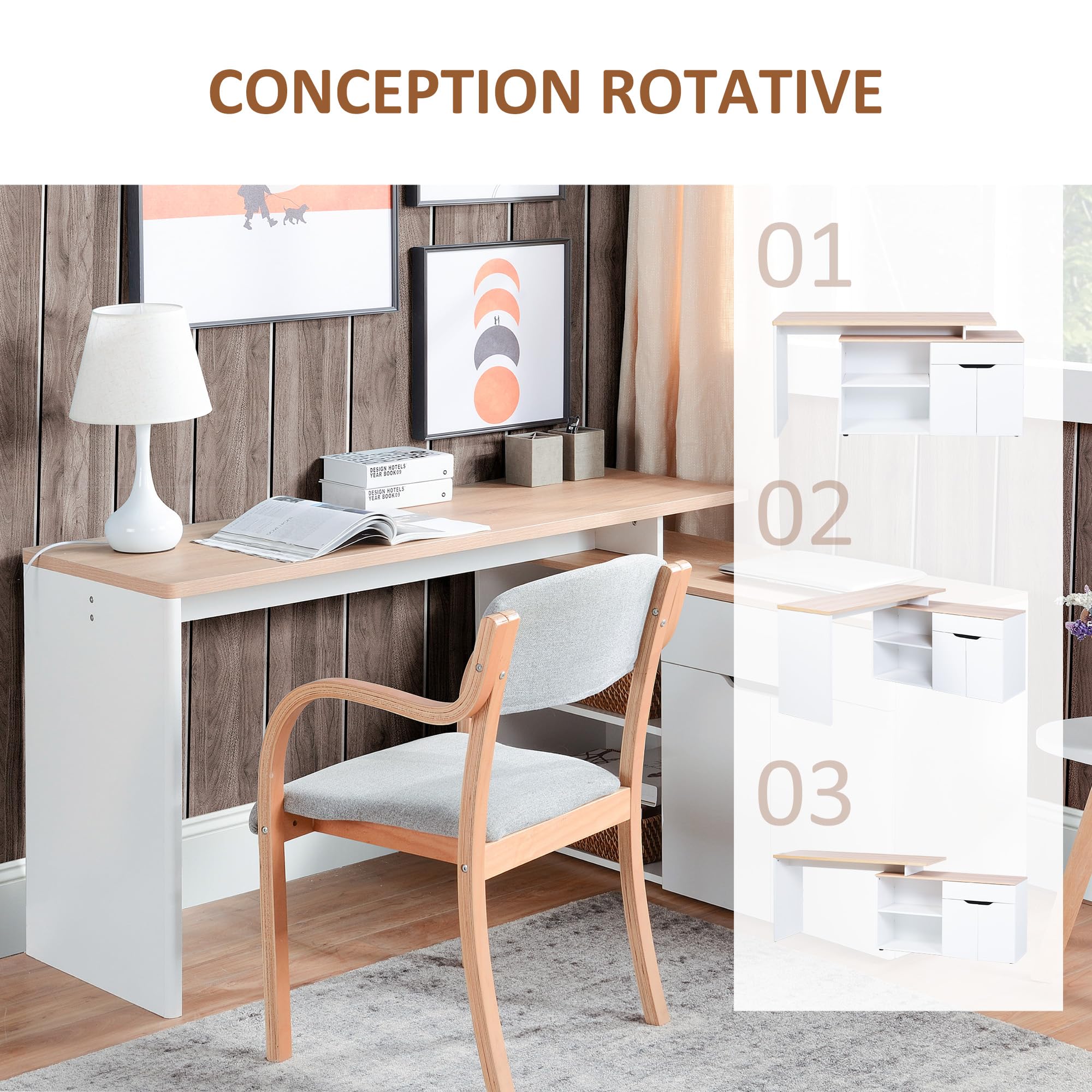 HOMCOM Bureau d'angle Modulable Multi-Rangements Placard Bois Clair Blanc