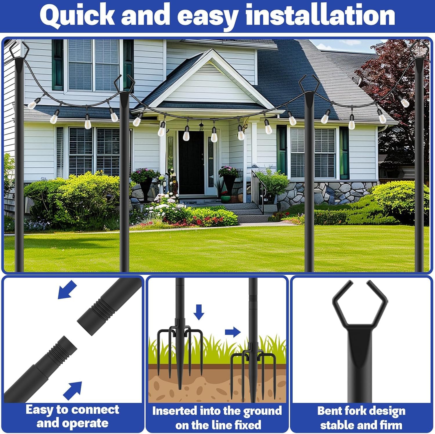 Juego de 4 Postes de Luz de Metal de 3m/10 pies, Postes Metalicos de Iluminación con Tenedor para Guirnaldas Luminosas Exteriores, para Exteriores, Patios, Terrazas, Jardines, Fiestas, Bodas